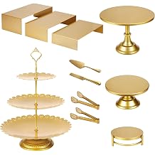11 Pcs Gold Dessert Table Display Set, Metal Cake Stands and Tiered Serving Tray with Cake Servers and Tongs for Wedding Anniversary and Party Decor