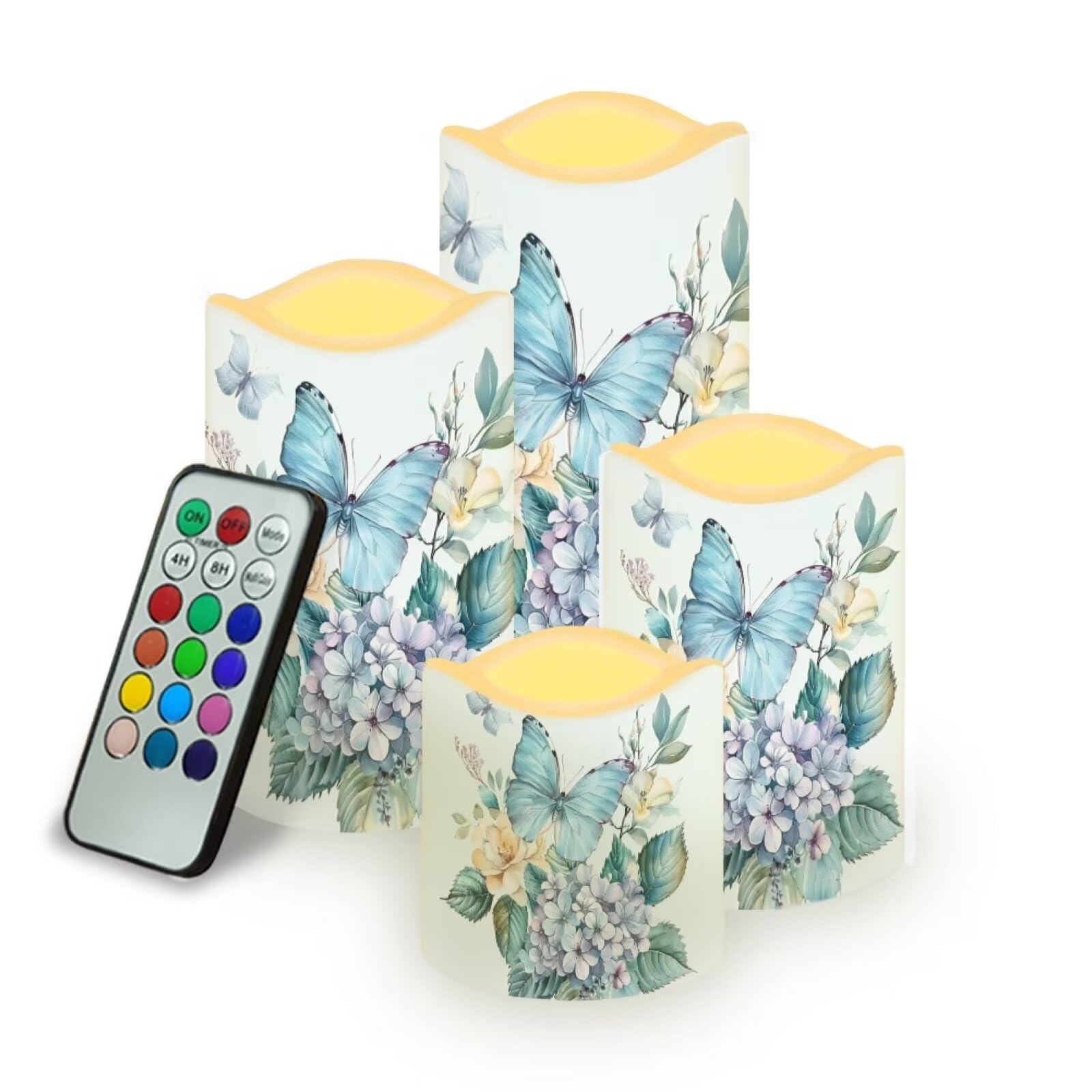 Uorisanigo Blue Butterfly Pillar Candles Bulk Led Flameless Battery Operated Candles with Timer Remote Color Changing Electric Fake Candles for House Warming Home Decorations Set of 4