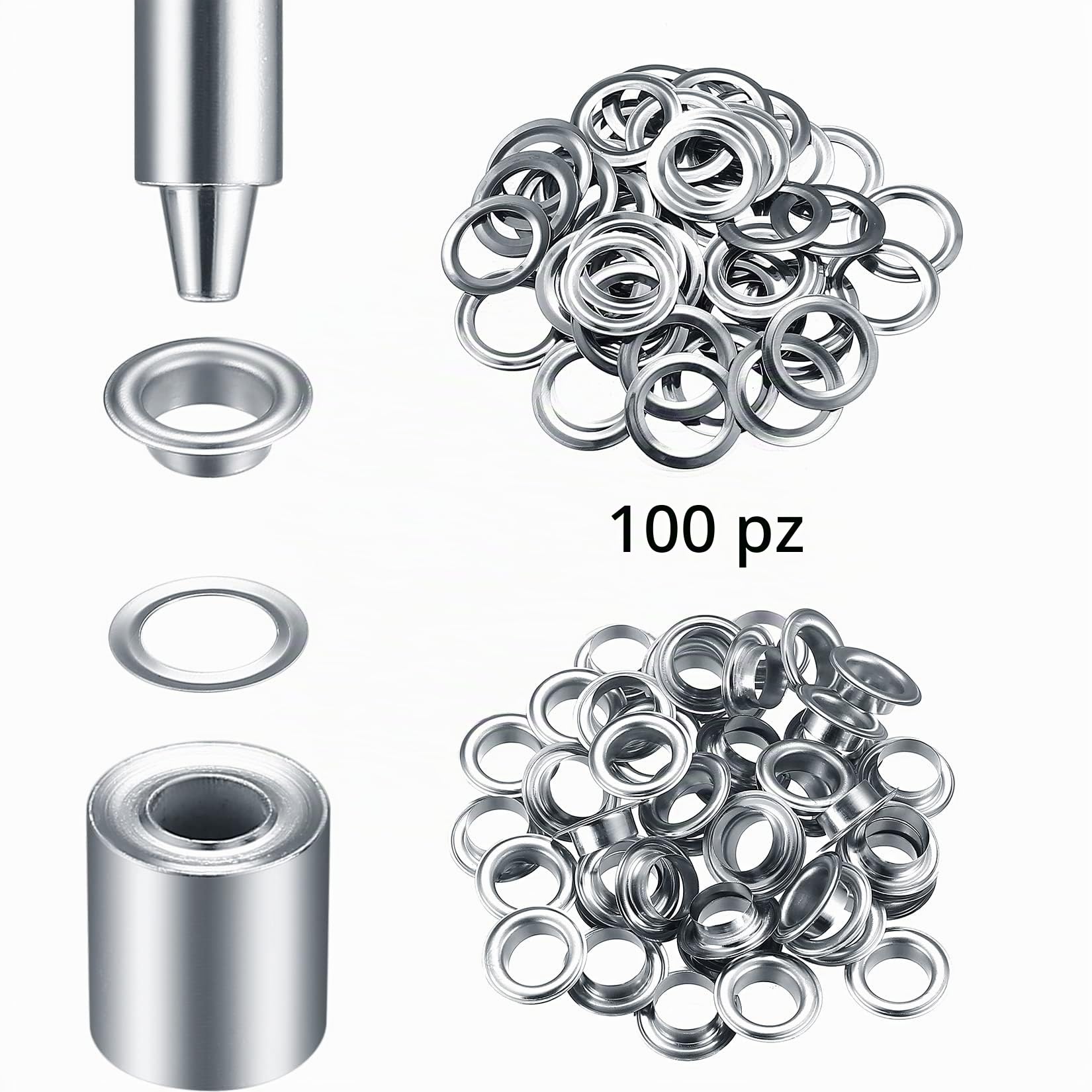 120 Kit Occhiello Passacavi Grommet Rondelle, Occhielli di Metallo Strumento Set, Occhiello Anelli Passacavo con Strumenti Installazione Kit per Telone Tessuto Tenda Fai da Te