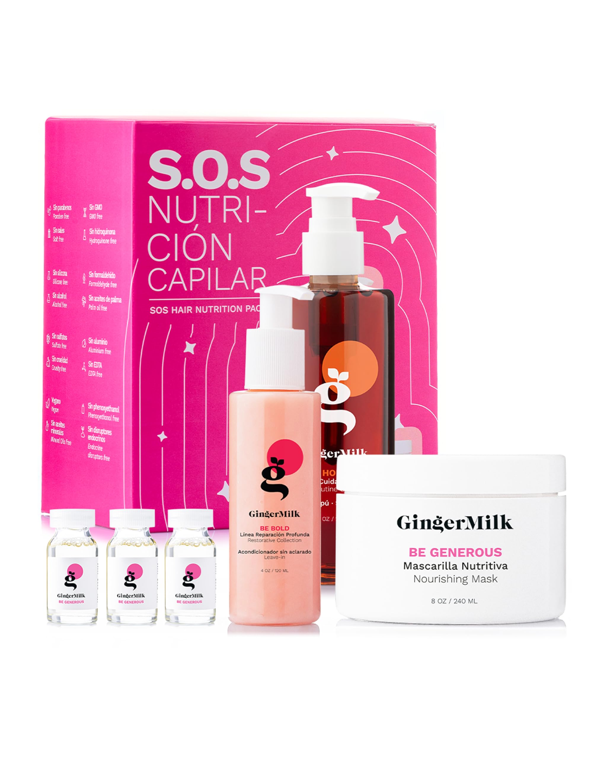 Ginger Milk SOS Nourishing Set, Shampoo, Mask, Leave-In, Ampoules