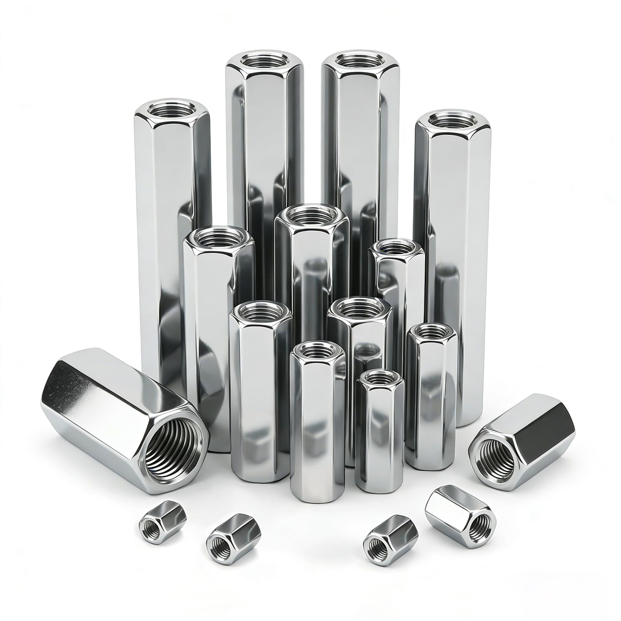 SHBAOCH Hex Coupling Nuts M16x50, 6pc Zinc Plated Extended Hexagon Threaded Rod Coupling Nuts, Fully Threaded Connectors for Eyebolts Wedge Anchors Chain Links Studding Connector Fasteners