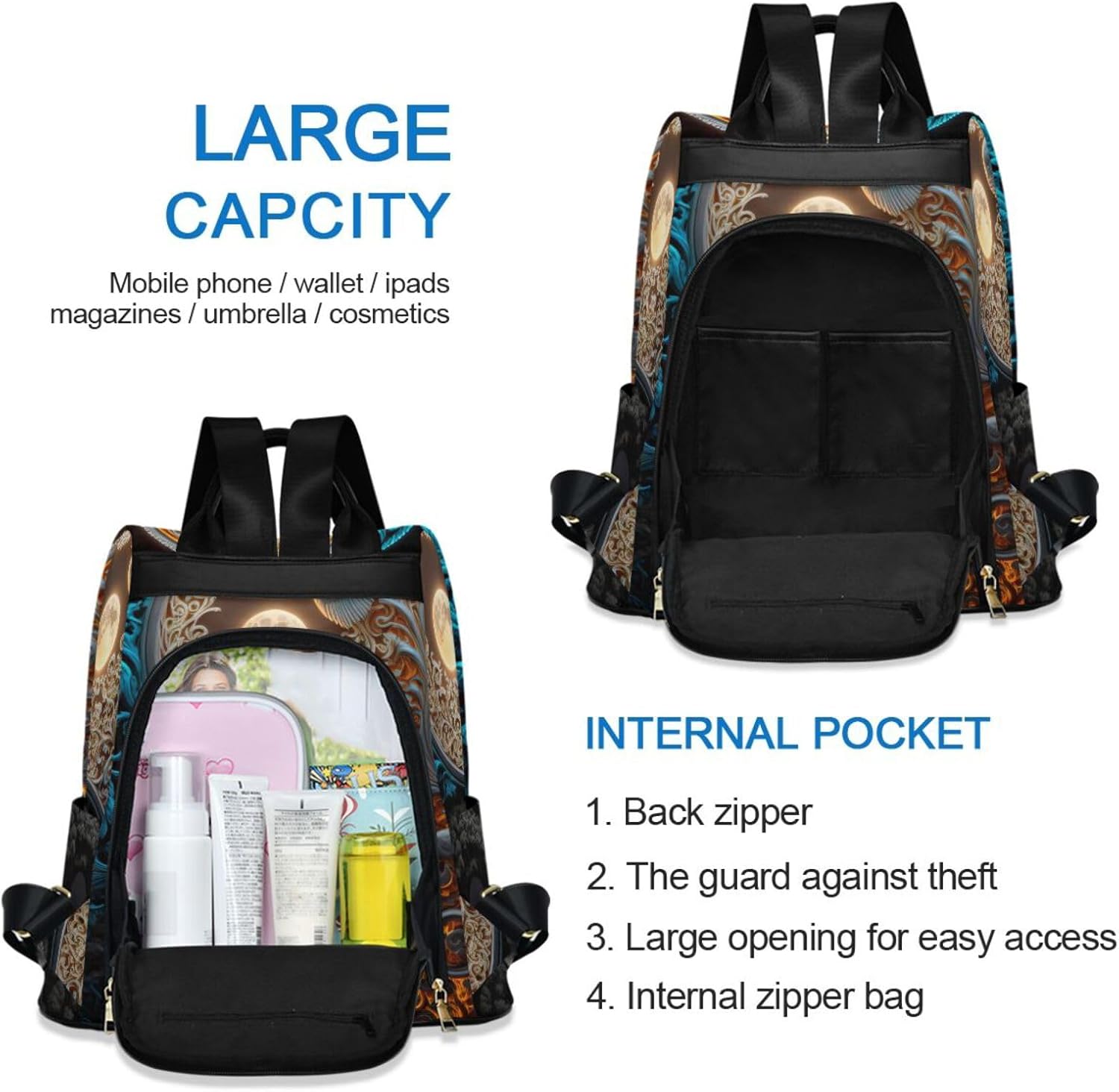 Women Backpack for Travel - Art Yin Yang, Anti Theft Casual Daypack Shoulder Bag Purse 15 inches - Image 5