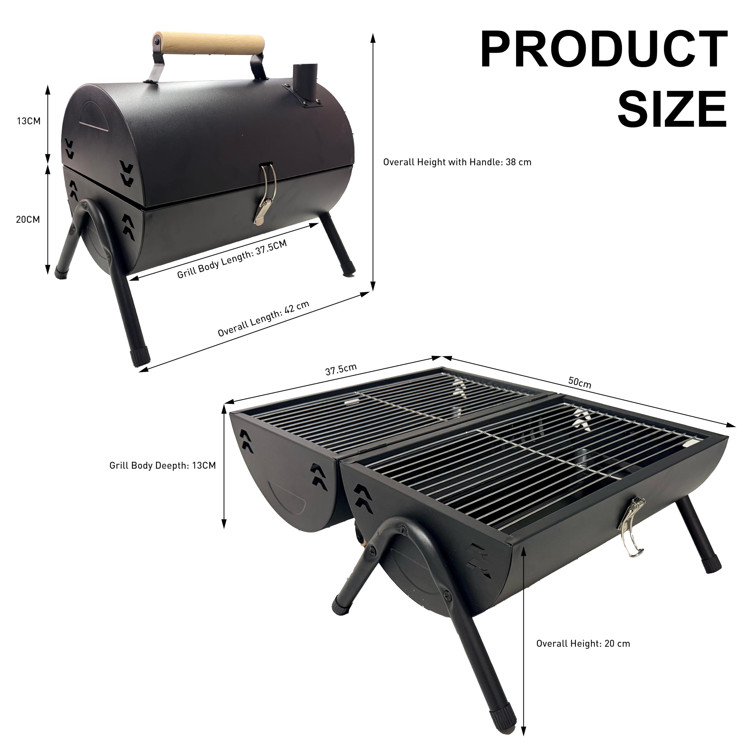 Barbecue a carbonella con doppia superficie di cottura, 37,5 x 25,5 cm, portatile, per esterni, in acciaio, con coperchio, camino e manico in legno, per giardino, terrazza, campeggio e picnic