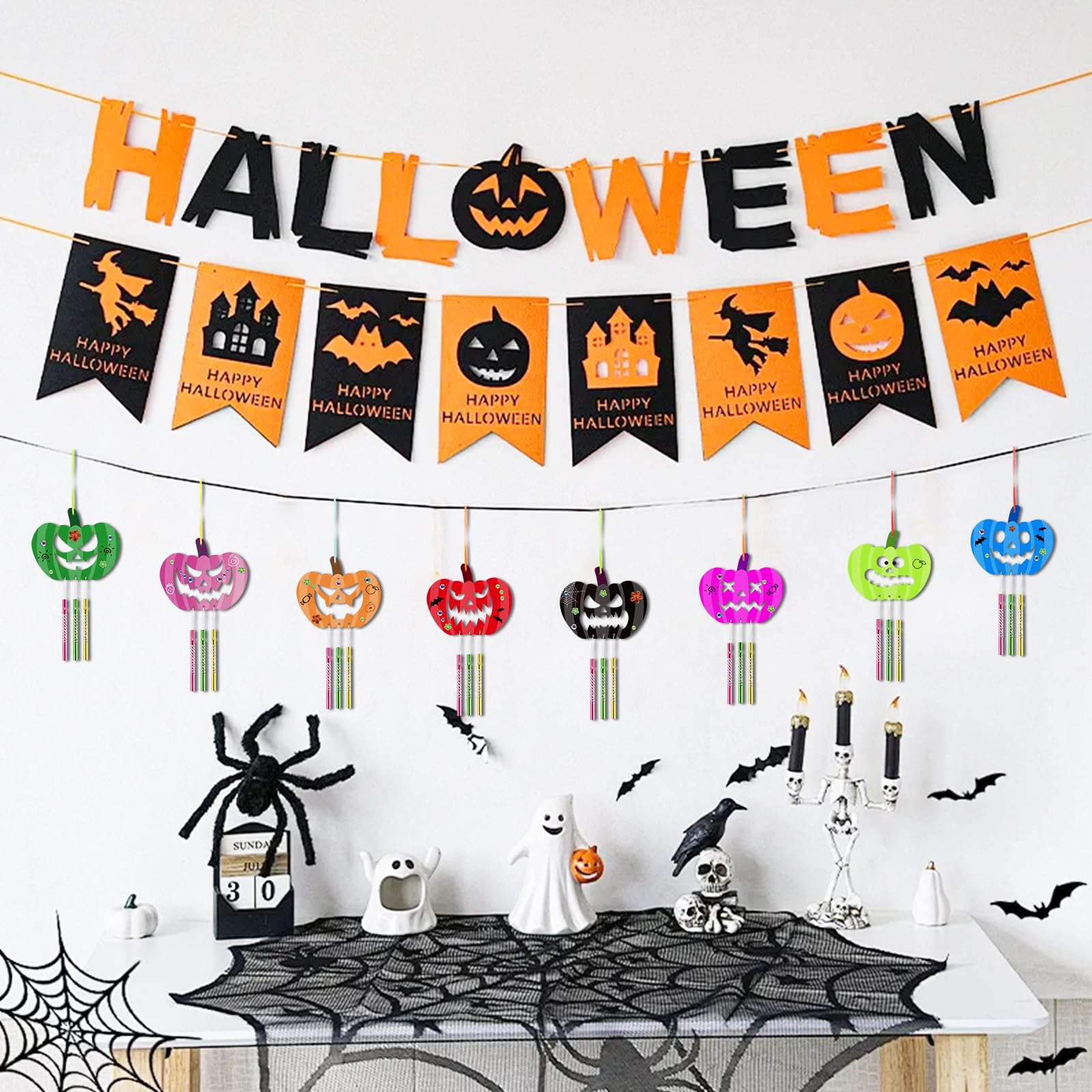 Kit DIY Carillons à Vent Halloween Citrouille - 9 Pièces à Peindre Et Personnaliser Pour Enfants - Décoration Jardin Fenêtre Automne - 3