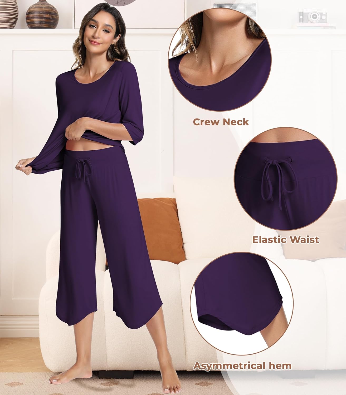 NACHILA Pajamas for Women-Viscose Made from Bamboo, Soft 3/4 Sleeve Pjs Summer Capri Pants Pajamas Set Cooling Sleepwear - Image 3