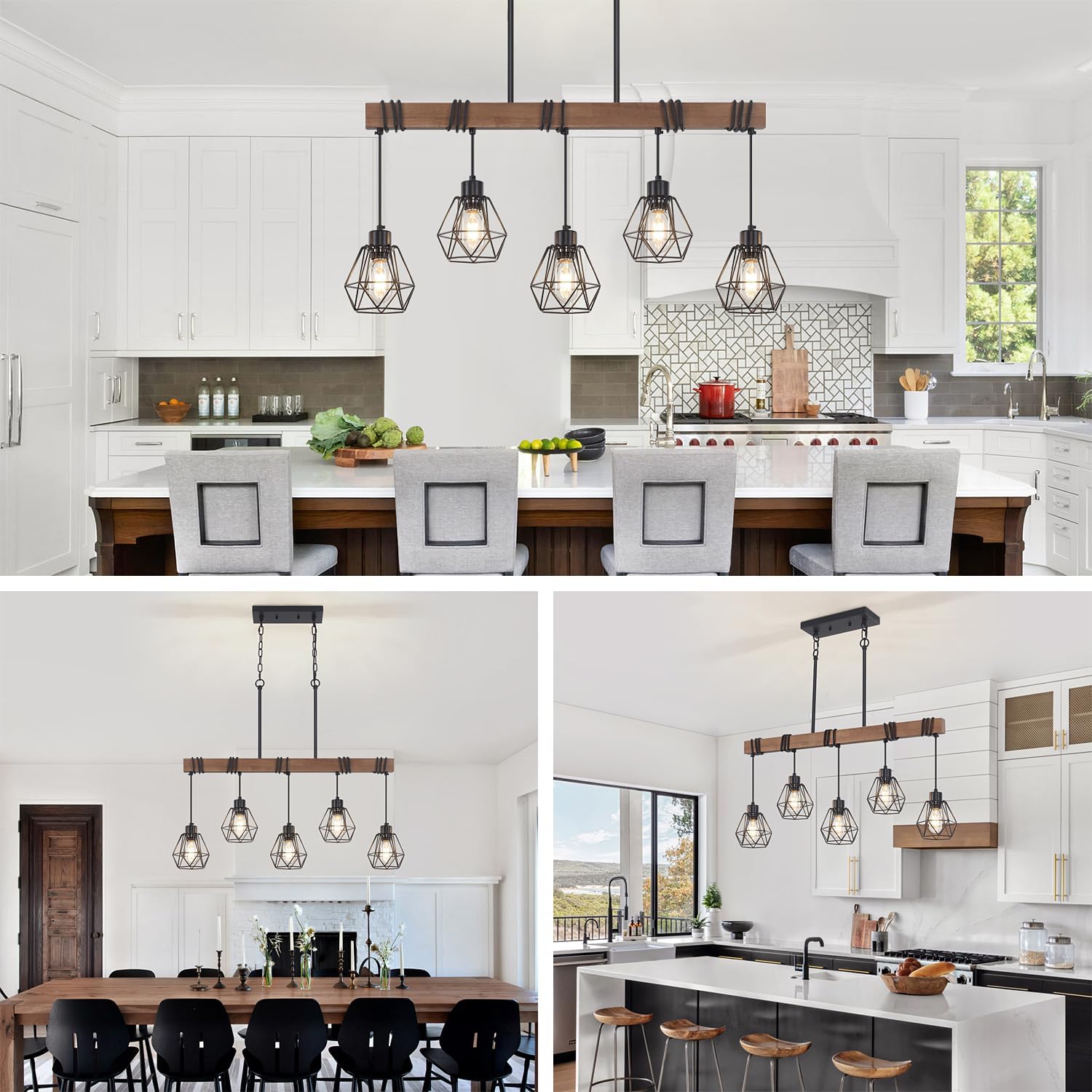 5-Light Kitchen Island Lighting, Farmhouse Linear Chandelier Dining Room Light Fixture Over Table, Wood Ceiling Pendant Light Fixtures with Metal lampshade
