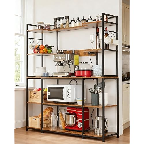 Garvee Kitchen Bakers Rack with Power Outlet 55 * 66inch, Microwave Oven Stand with Storage 4 Tiers, Coffee Bar Table with 6 S Hooks, Kitchen Storage Shelf Rack for Spices, Pots, Rustic Brown