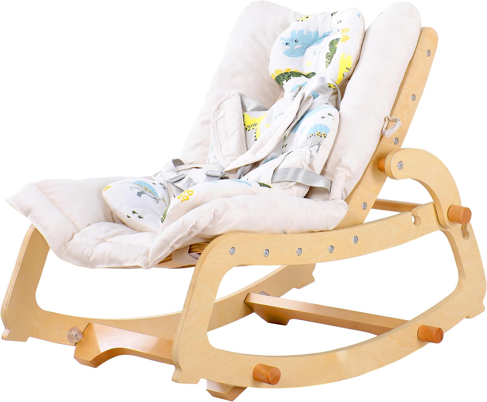 3-in-1 Baby Rocker Chair with Double Cushions, for 0-12 Months, Adjustable Wooden Infant Rocker with Removable Cushion and 5-Point Harness for Infant to Toddler (Beige)