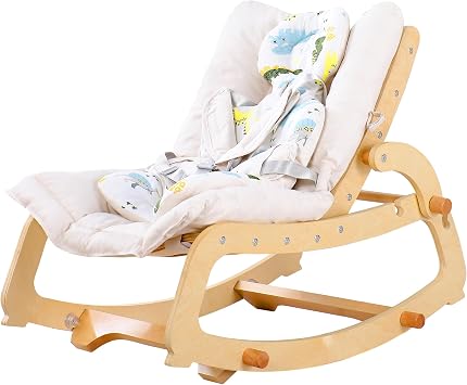 MallBest 3-in-1 Double Cushion Baby Bouncer Adjustable Wooden Rocker Chair Recliner Chair with Removable Cushion and Seat Belt for Toddler to Toddler Beige