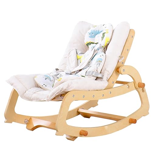 MallBest Silla mecedora ajustable de madera 3 en 1 con cojín extraíble y cinturón de seguridad para bebés y niños pequeños (beige)