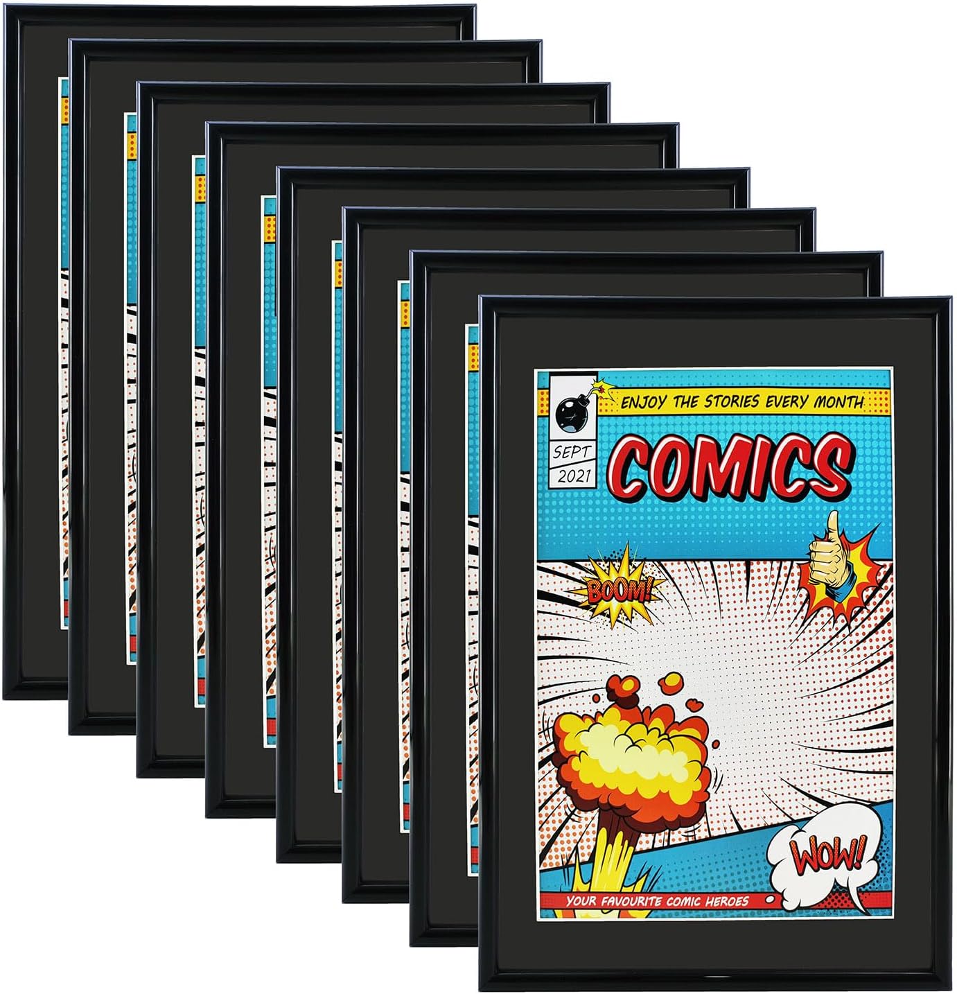 Comic Book Frame, 8 Pack, UV Protection,Black Mat, Fits Current Comics up to 6 3/4" x 10 1/4", Wall or Tabletop Display,Spring Clips for Thicker Comics as Well