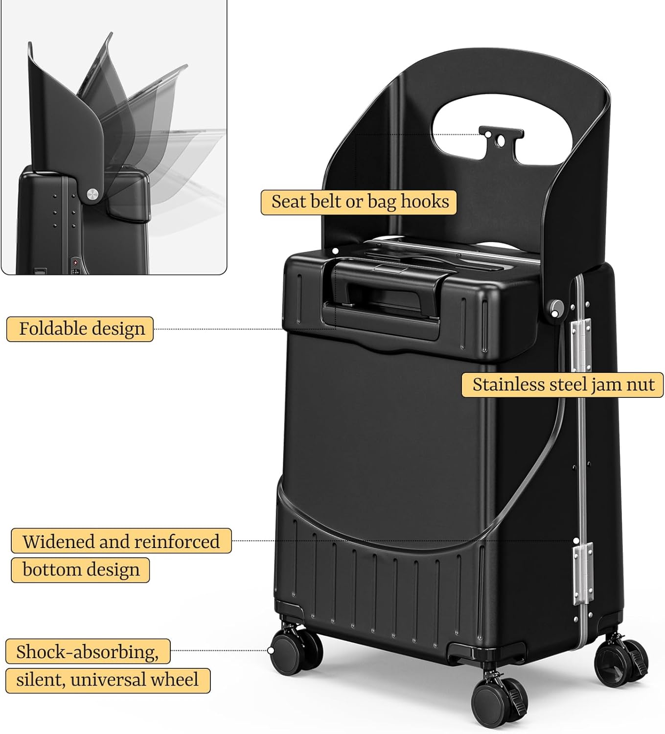 Hardshell Carry On Suitcase with Child Seat, Black Travel Luggage with Front Compartment & 4 Lockable Spinner Wheels, TSA Lock, USB Port, Luggage Cover, Safty Seatbelt (Front-Opening Black, 20 Inch)