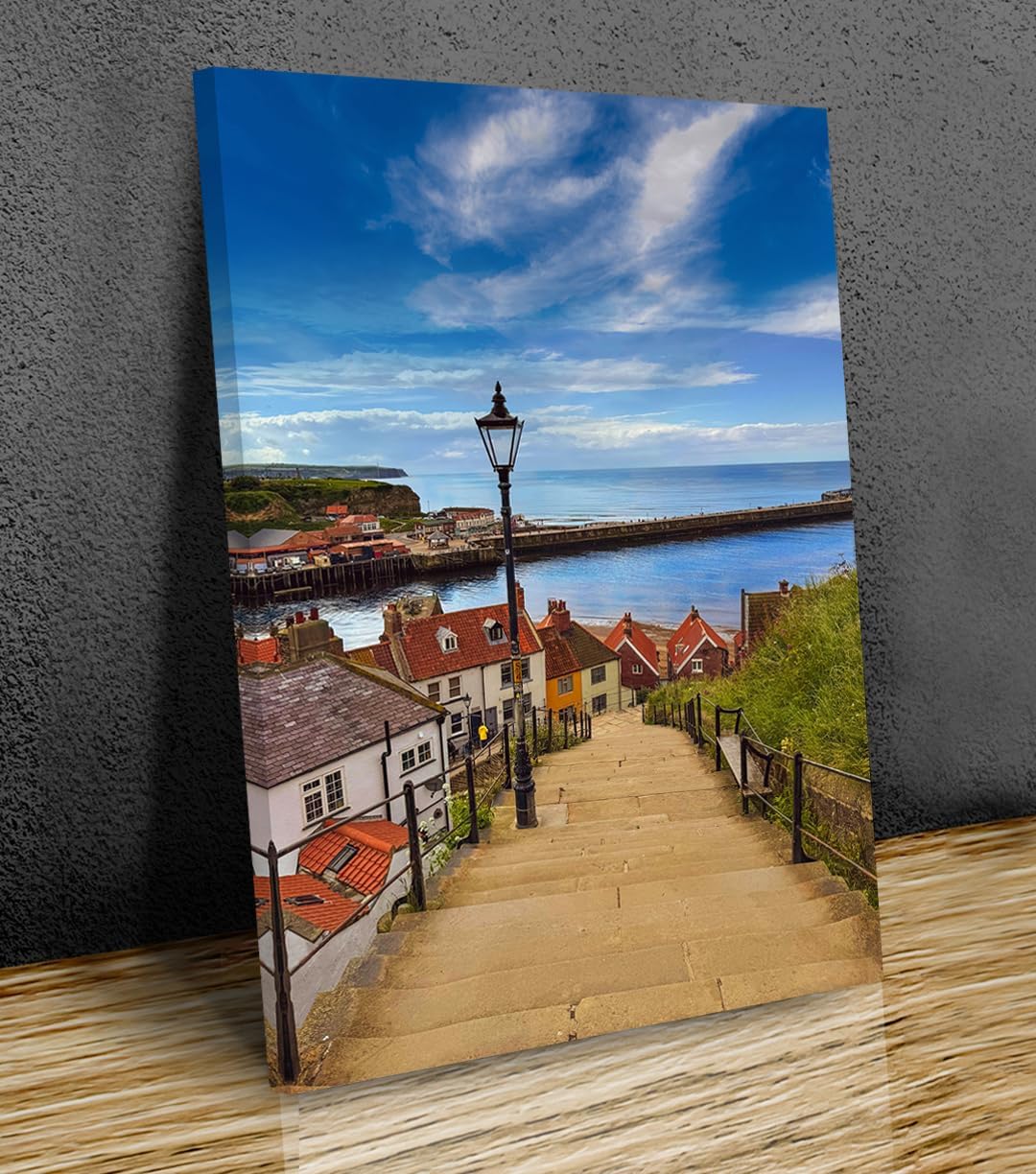 The iconic 199 Steps in Whitby, North Yorkshire, England, England, a renowned landmark at the UK's most south-westerly point mounted canvas print ready to hang (30x20in(75cmx50cm)) - Amazon product rated Grade F