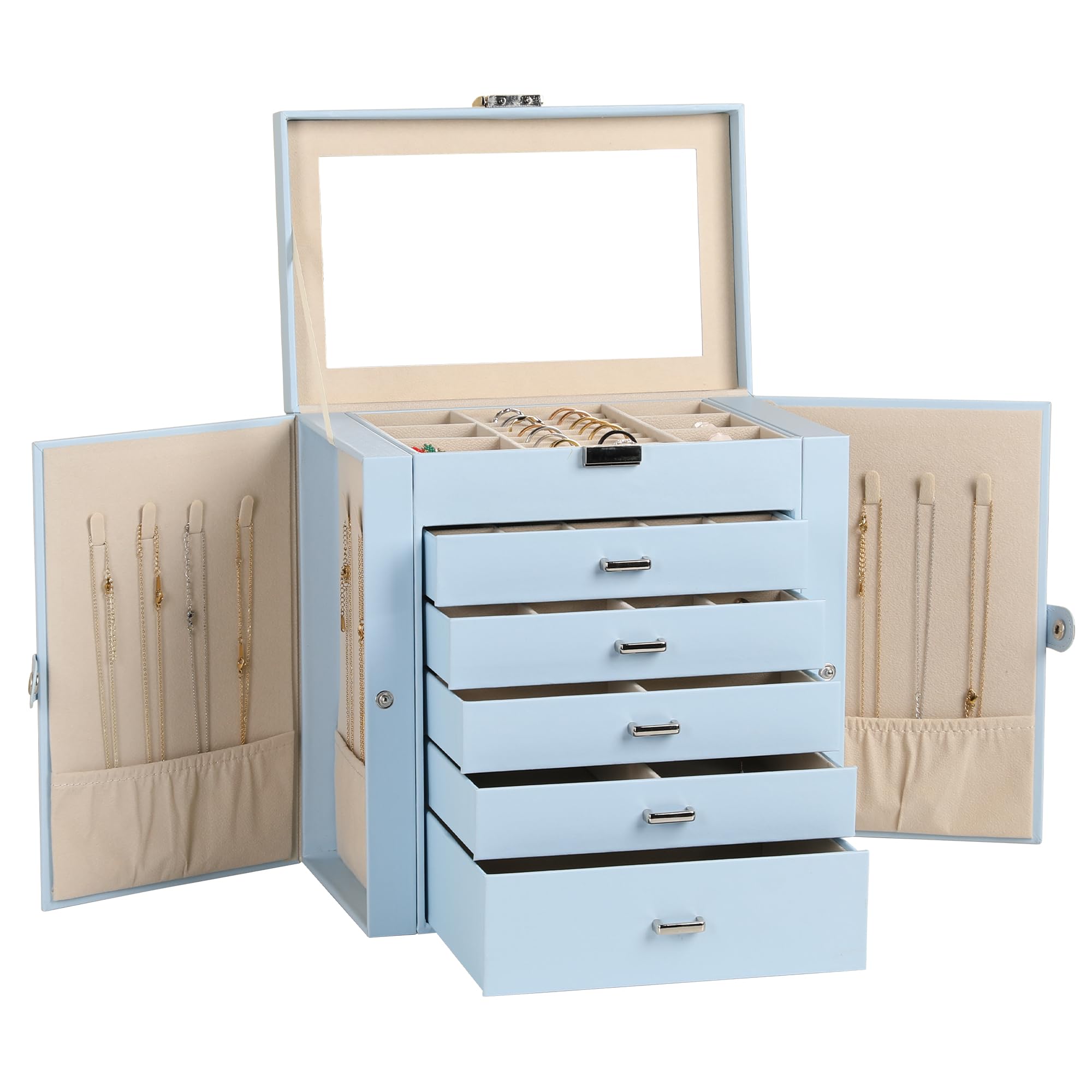 Frebeauty Grande portagioie a 6 ripiani, organizer per gioielli in pelle PU, multifunzione, con specchio, porta accessori con 5 cassetti per collane, bracciali, orologi (beige