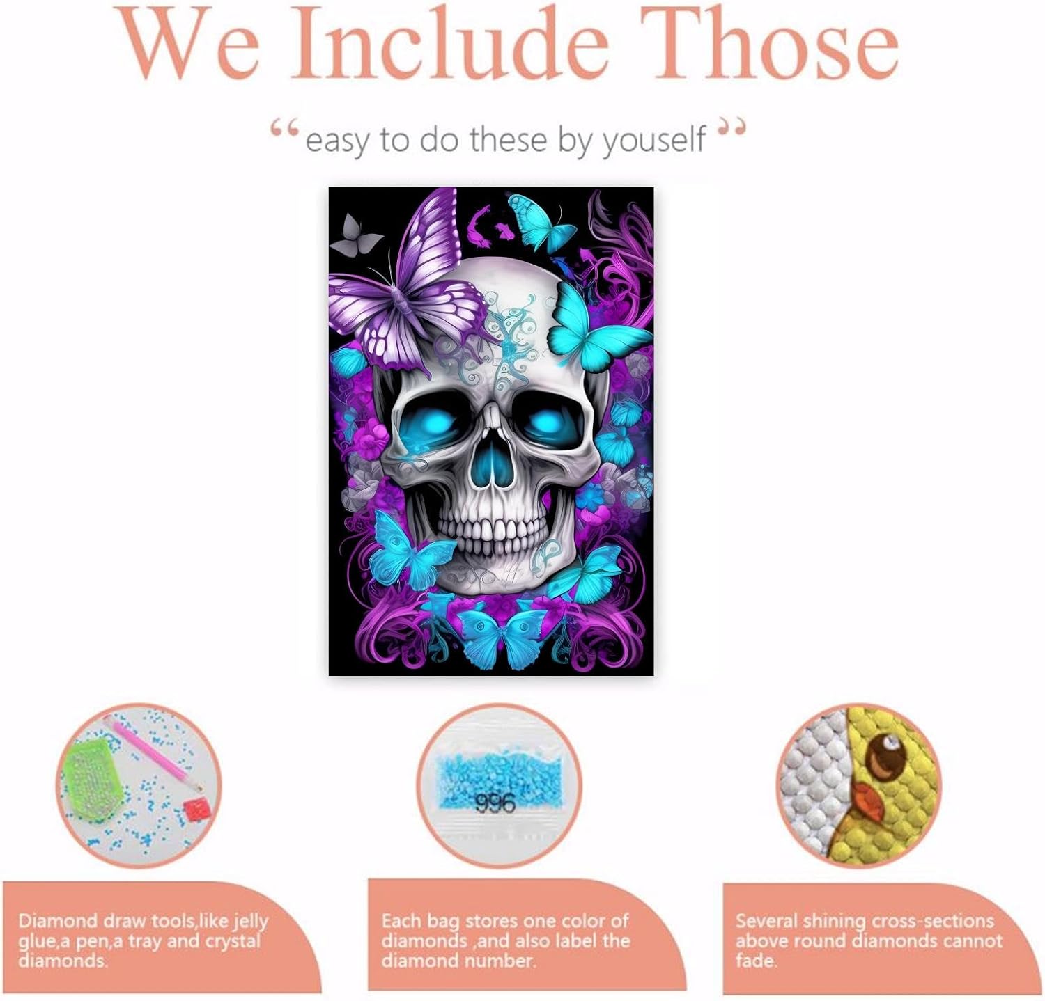 Gabbana Butterfly Skull Diamond Painting Kits, Full Round Diamond Art Kits for Adults 5D Skeleton Diamond Art, Personalized Gifts for Family and Friends Bar Wall Decor 16x20 Inch