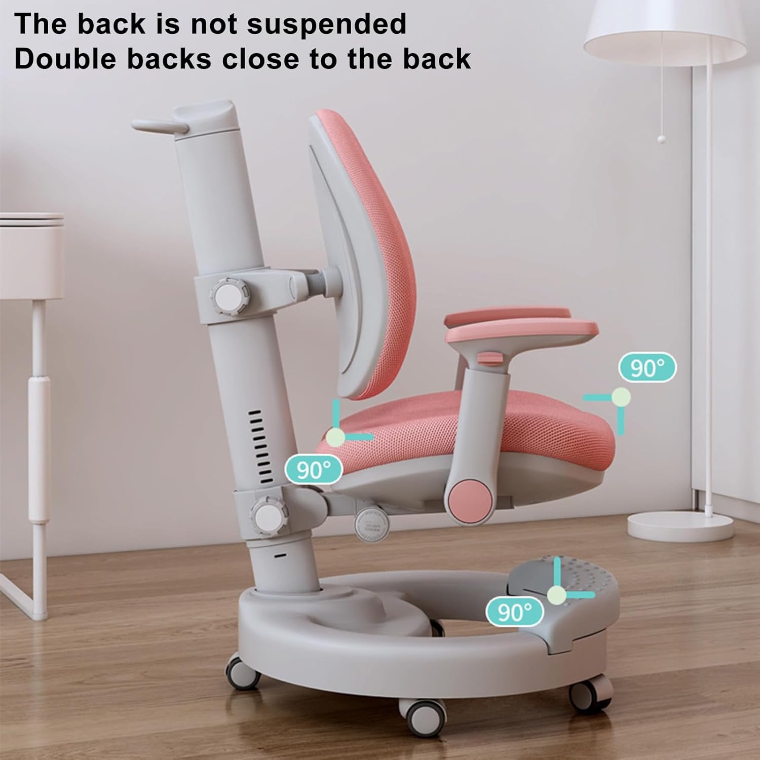 Kids Desk Chair, Ergonomic Children Study Computer Chair, Adjustable Pink Study Chair for Girls with Dual Back Support, Adjustable Height, Self-Locking Wheels, Footrest, for Home, School, Office Pink