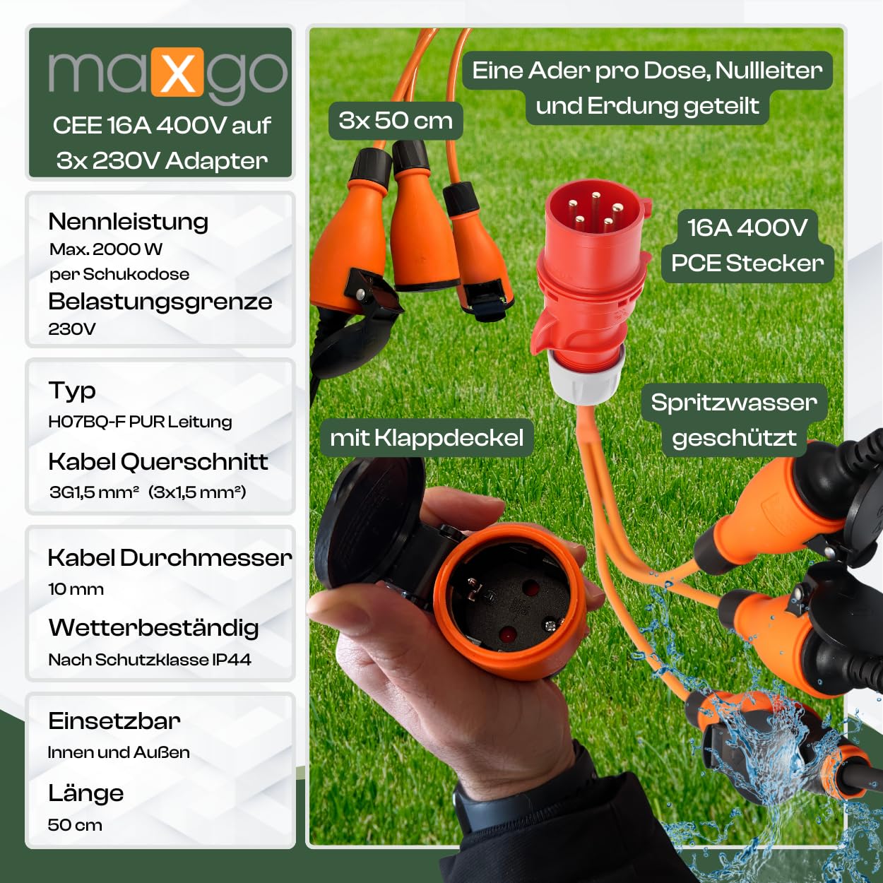 maxgo CEE Adapter 3X Schuko – 16A CEE Stecker auf 3X 230V Schuko | 400 V auf 230 V Schutzkontaktkupplungen, wetterfester Starkstromverteiler Made in Germany für Baustelle, Werkstatt, Garten