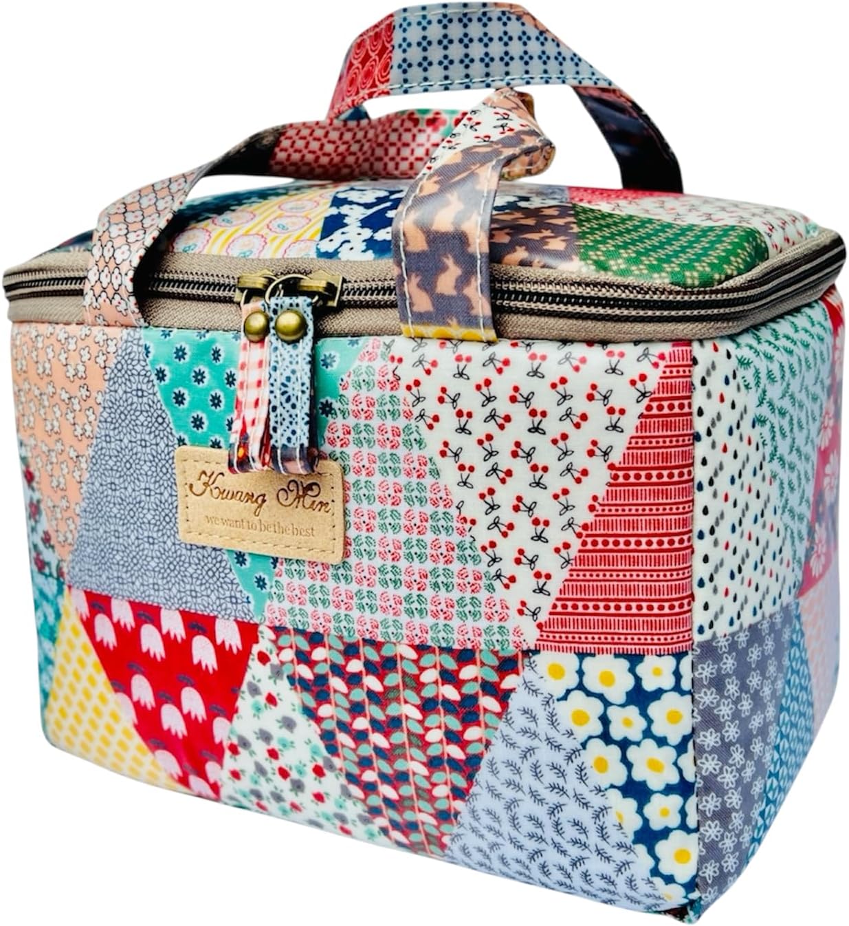 Kwang Min Small Insulated Lunch Bag, Portable Reusable Lunch Box Cooler, Patchwork Design, Waterproof Liner (Patchwork Quilt)