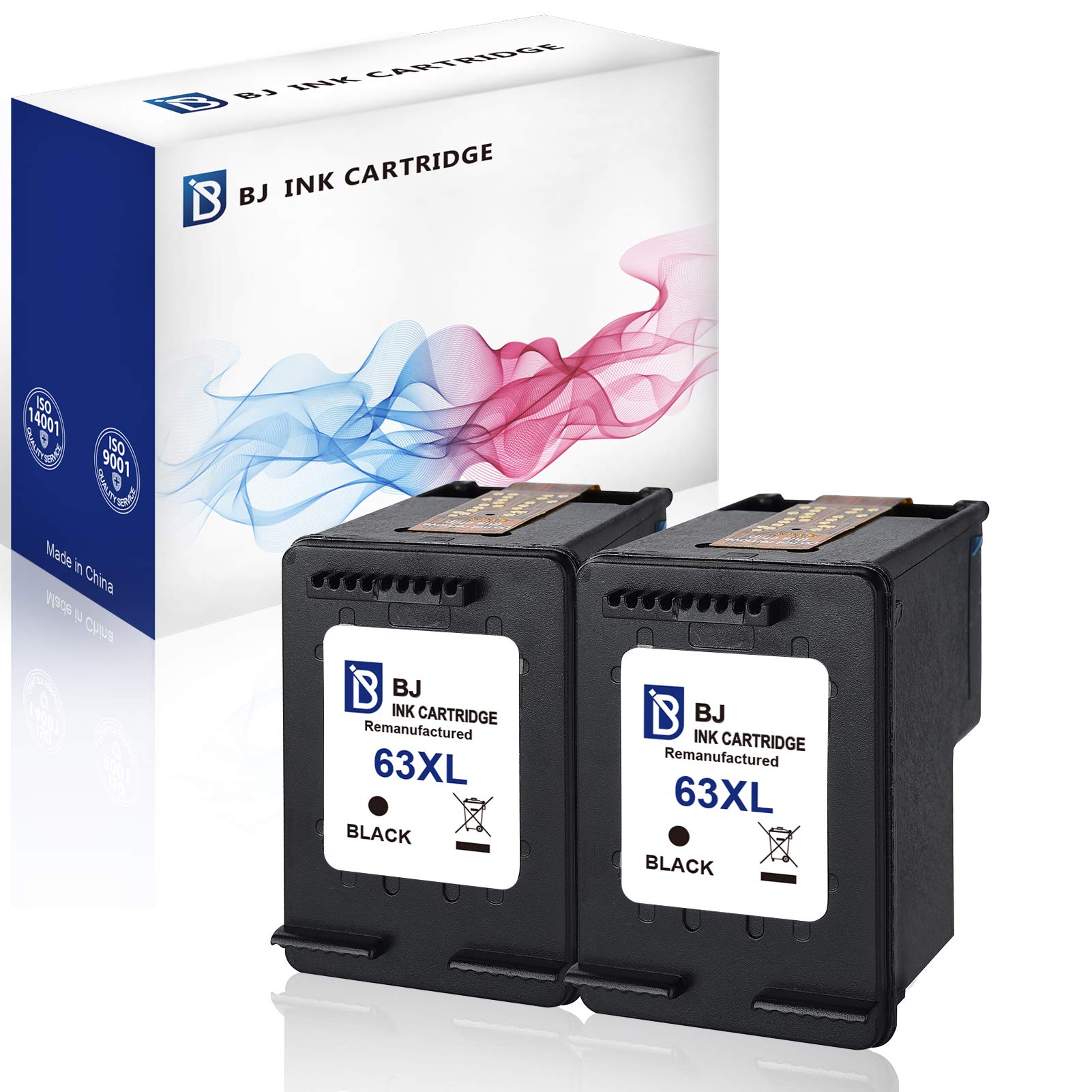 BJRemanufactured Ink Cartridge Replacement for HP 63XL 63 XL (2 Black) High Yield Compatible with HP DeskJet 1110 2130 2132 3630 3633 3636 HP Envy 4512 4516 4520 HP OfficeJet 3830 3832 4650 4655