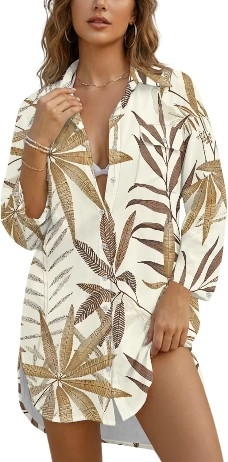 Womens Beach Cover Up Button Down Shirts Breathable Summer Tops Long Sleeve Swimsuit with Pockets