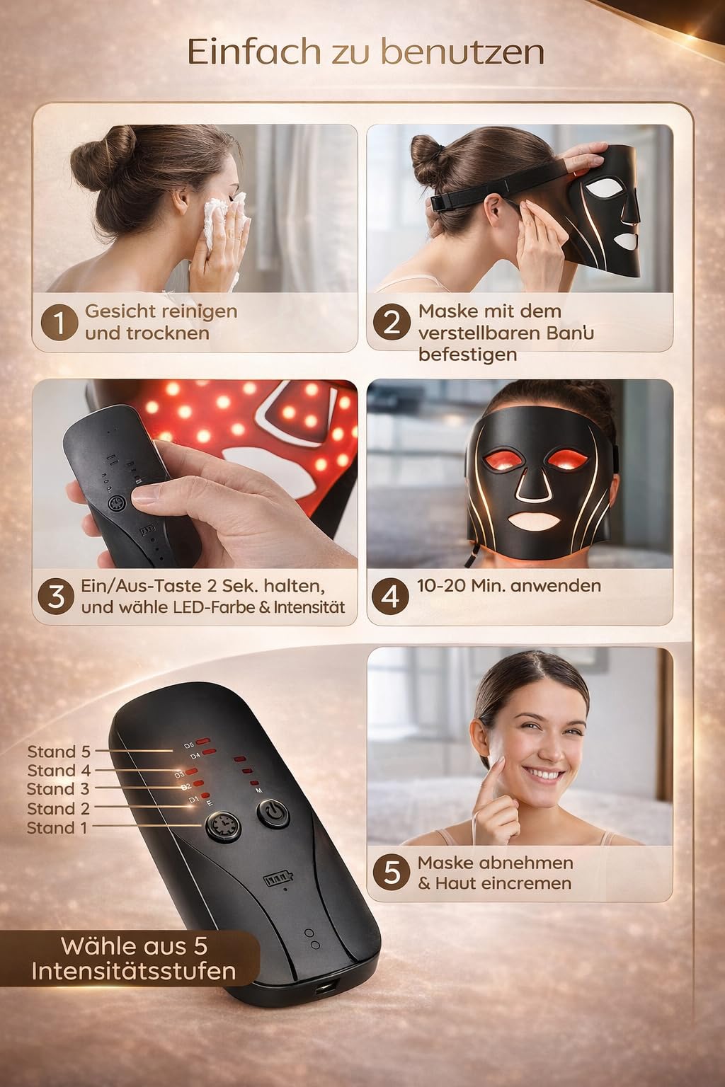 LED Lichttherapie Gesichtsmaske mit 7-Farben, Wiederaufladbare Fernbedienung Nahinfrarotlicht Kabellose Falten & Hautverjüngung Hautpflege für zu Hause