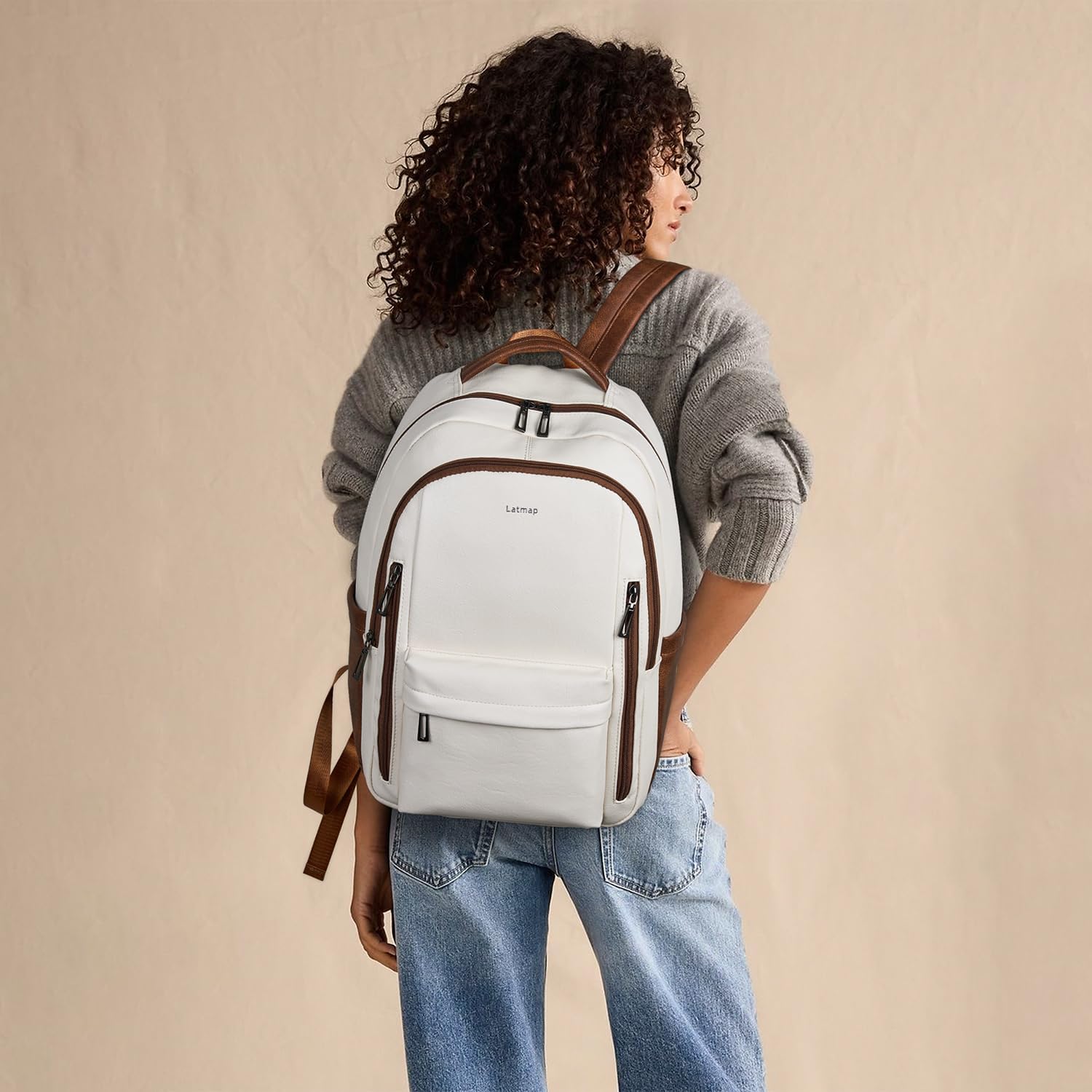 30L Backpack Purse for Women Men Laptop Backpack, Faux Leather Travel Work Backpack Teacher Bookbag fits 15.6" Laptop, Beige - Image 2