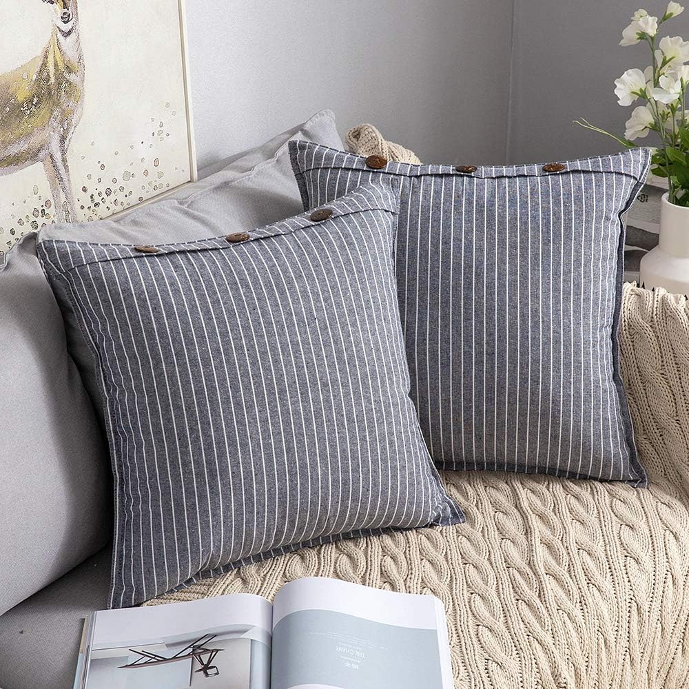 MIULEE Pack of 2 Farmhouse Decorative Throw Pillow Covers Button Linen Pillowcases Modern Stripe Lumbar Cushion Case for Couch Sofa Bedroom, 18 x 18 Inch, Light Grey