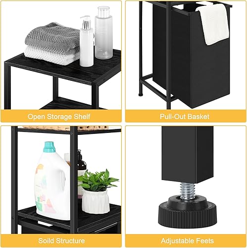 Miniatura 5 de Cesta negra para la ropa, organizador de cesta de lavandería, clasificador de ropa con estante de 3 niveles, estante de baño independiente con