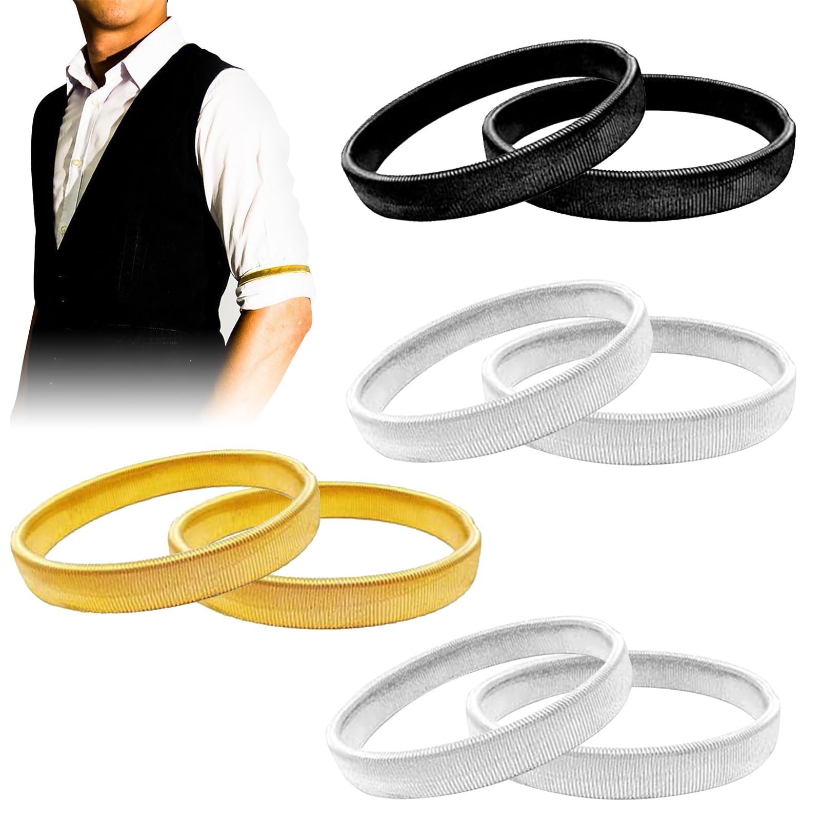 Fuletooye Unisex Black, Silver, Gold 8 Pcs Shirt Sleeve Holders, Adjustable Anti-Slip Shirt Sleeve Holders Metal Stretchy Garter Elastic Armbands Clothing Keepers, Keeps Cuffs From Sliding 3 Colors