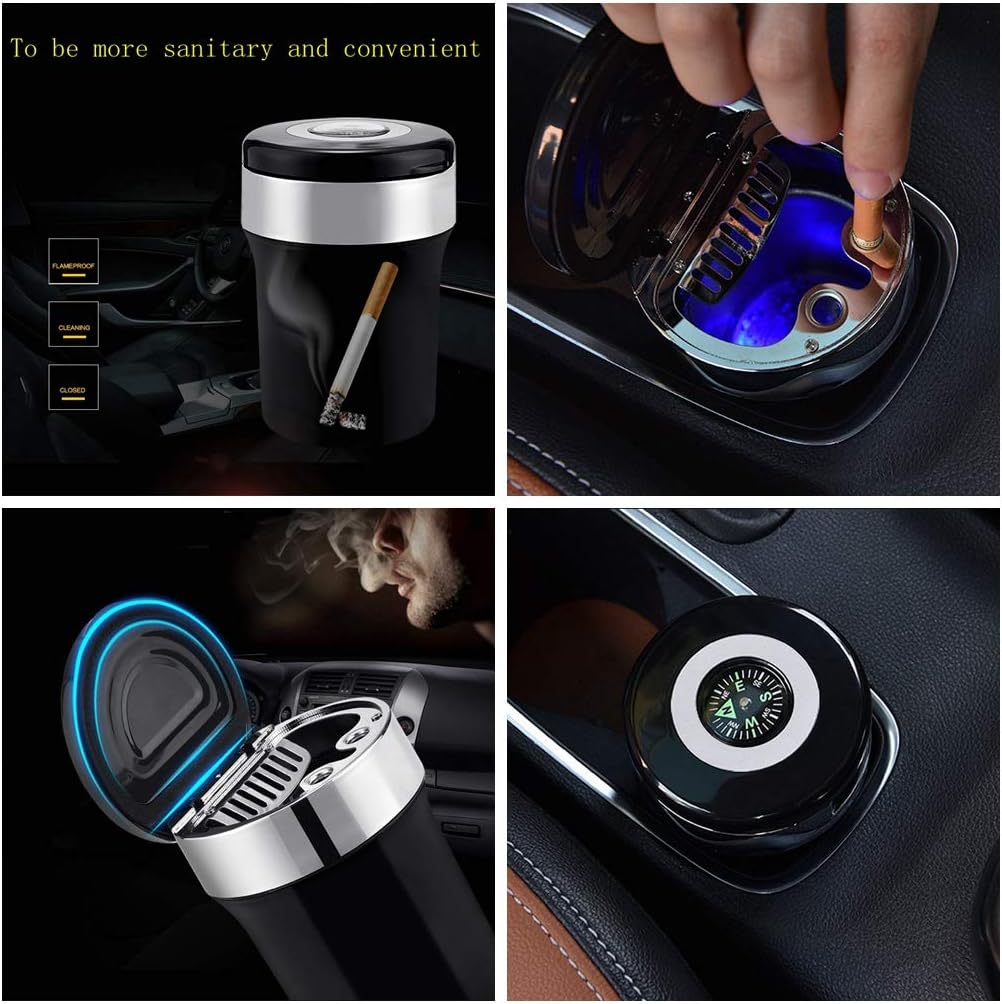 Auto Car Ashtray Portable with Blue LED Light Ashtray Smokeless Smoking Stand Cylinder Cup Holder (Silver-Black)