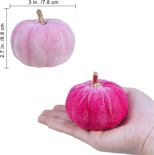 Miniatura 2 de Winlyn 12 calabazas artificiales pequeñas de terciopelo rosa surtidas, calabazas decorativas de tela, calabazas de espuma de 3 pulgadas para otoño,