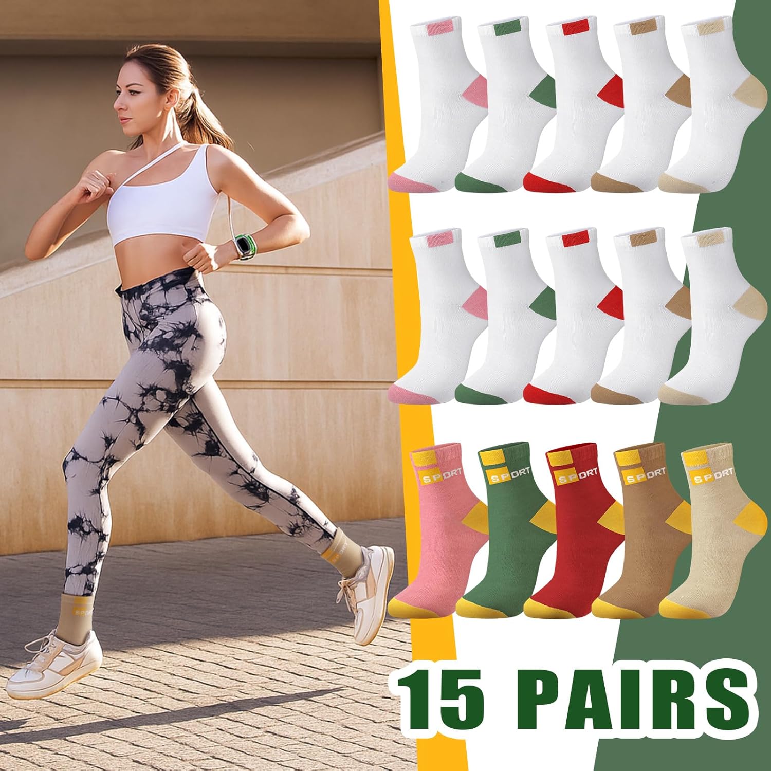 Bencailor 15 Pairs Women Crew Socks Running Cotton Ankle Socks for Women Athletic Hiking Walking Unisex 5-9 - Image 2