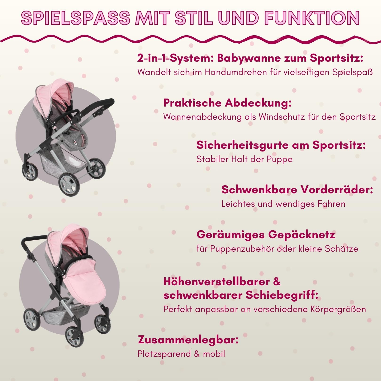 Bayer Chic 2000 Wózek dla lalek 2 w 1 Mila – melanż, szaro-różowy, uchwyt z regulacją wysokości 39-72 cm, nowoczesny stelaż, lalki do 50 cm, 3-7 J.
