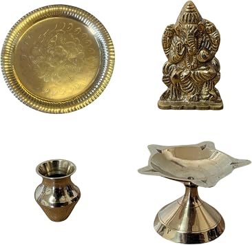 Brass Pooja Set 9 Items with Thali, Ganesh Murti, Om Symbol, Diya, Pooja Bell, Loti, Kunjo, Spoon & Incense Stand for Navratri, Diwali & Daily Puja Rituals