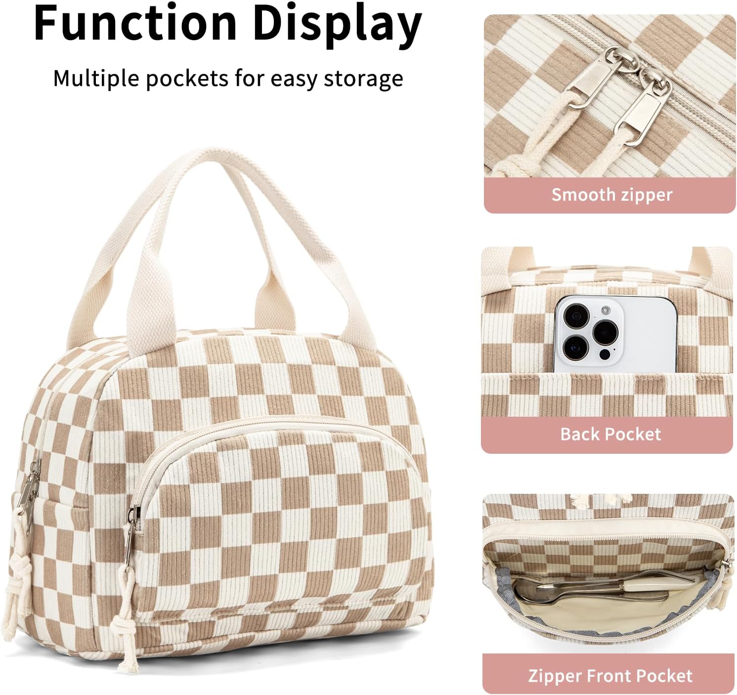 Lunch Bag Women Lunch Box for Women Adult Cute Insulated Lunch Bag Small Cooler Lunch Tote Bags for Work Picnic School (Beige-Brown Plaid) - Image 6