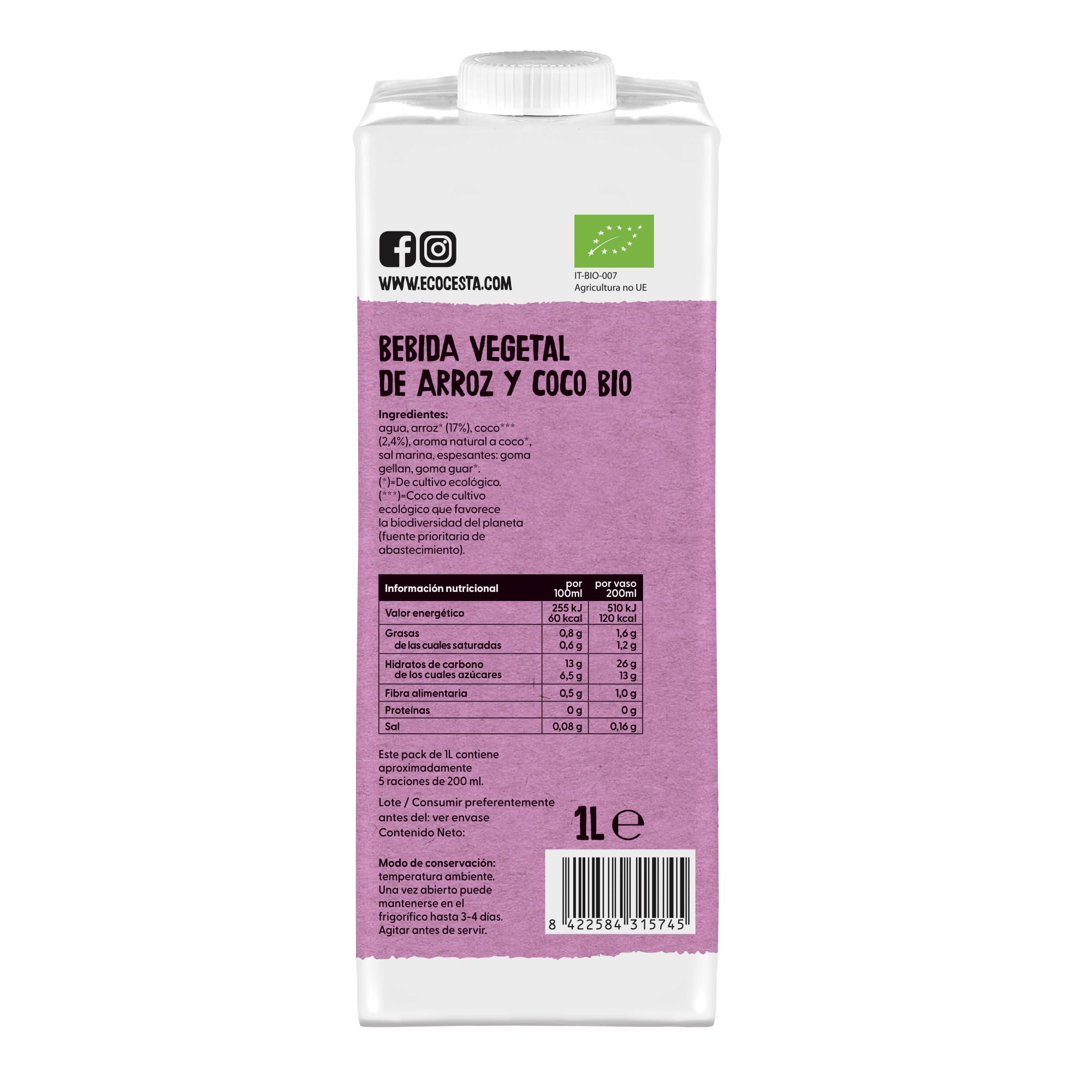ECOCESTA MEJOR CADA DIA - Pack de 6 Unidades de 1 L de Bebida Ecológica Vegetal de Arroz y Coco - Sin Azúcar Añadido y Sin Gluten - Apto para Veganos - Ideal para Tomar Sola, con Café o en Batidos