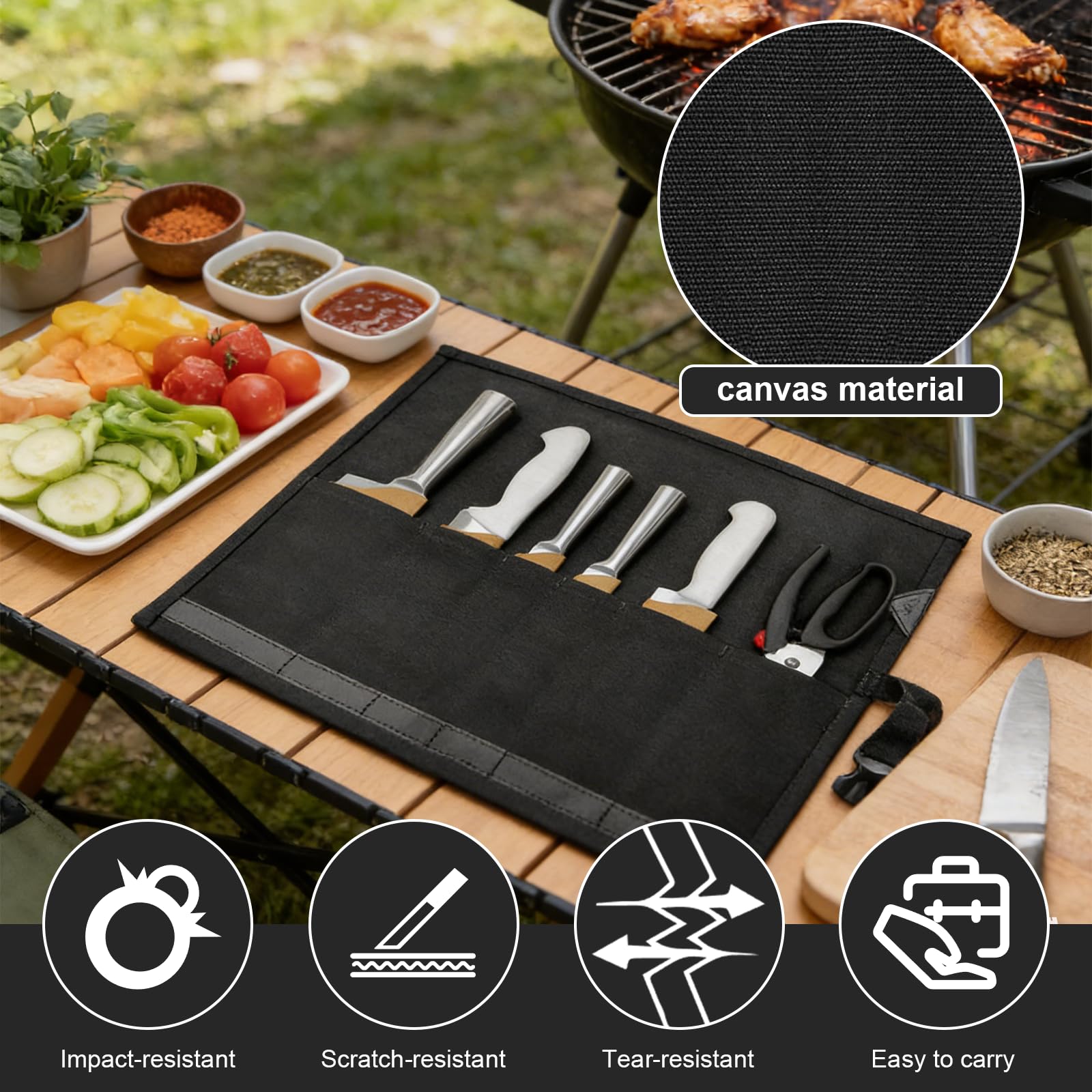 Portacoltelli da Cucina in Oxford, Borsa Porta Coltelli da Chef con 5 Scomparti, Custodia per Coltelli Professionale, Porta Utensili da Cucina, 47.5x27.5cm, Nero