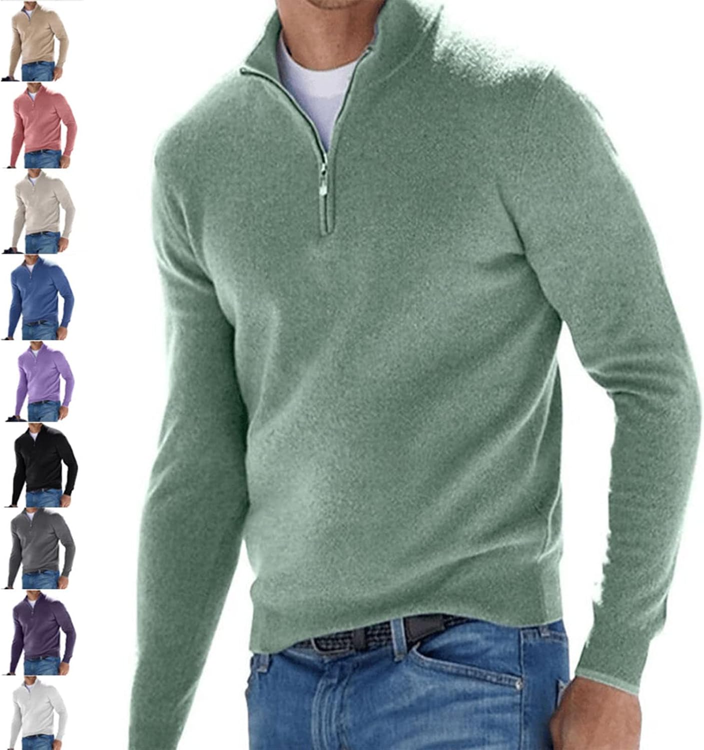 Men's Basic Zipped Sweater Long-Sleeve Quarter-Zip Fleece Sweatshirt Pullover Polo Sweater Casual Solid Color Thermal Tops