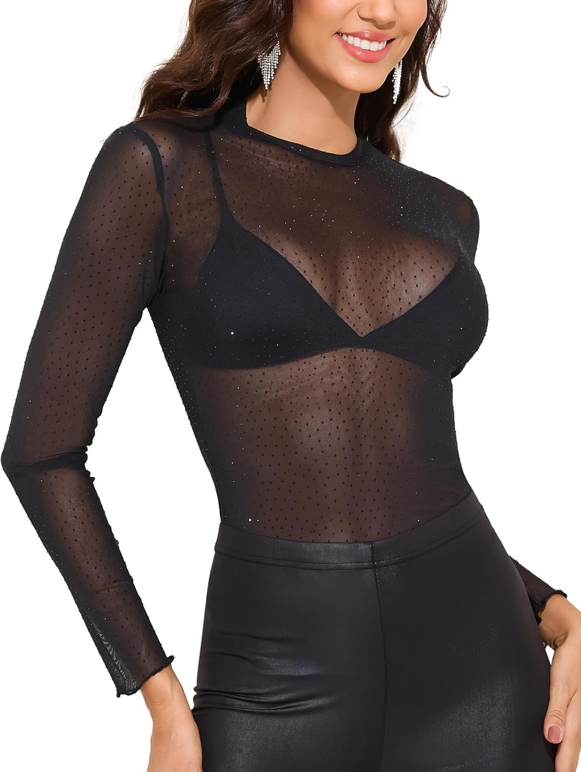 YYA Sparkly Mesh Top for Women Long Sleeve Round Neck Mesh Shirt Sheer Shiny Top Solid Floral Tee Shirts S-XXL - Image 4