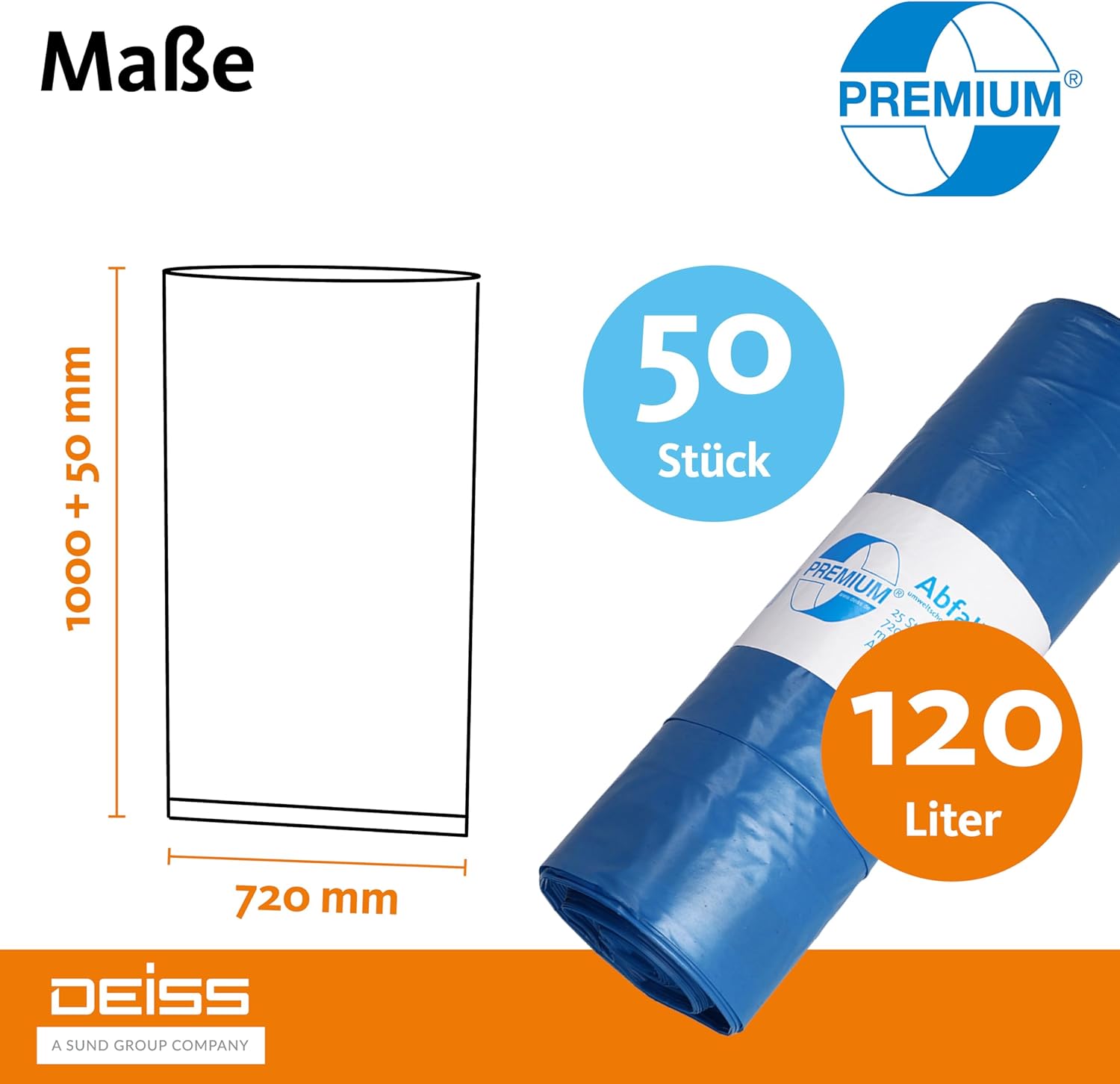 DEISS Premium Bin Bags 120 Litres Blue