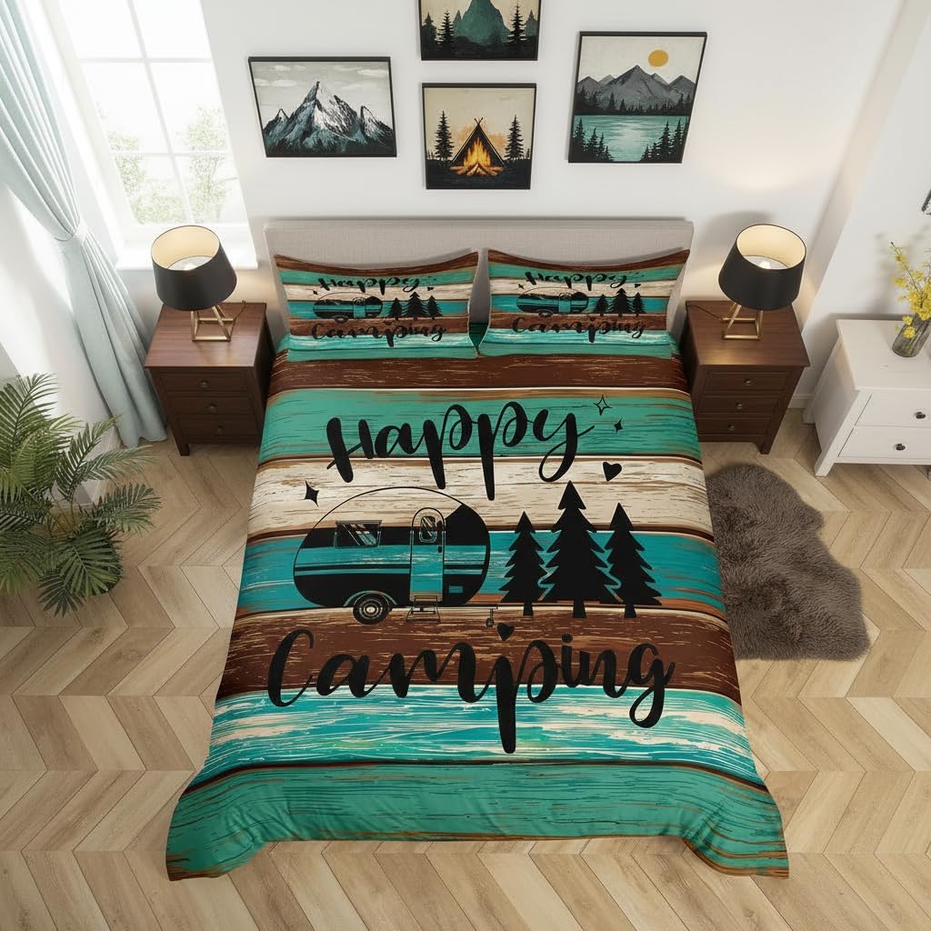 Happy Camping Queen Size Duvet Cover for Teens Youth,RV Camper Travelling Comforter Cover with 2 Pillow Shams,Farmhouse Style Wood Barn Bedding Set Ultra Soft Microfiber Breathable,No Comforter