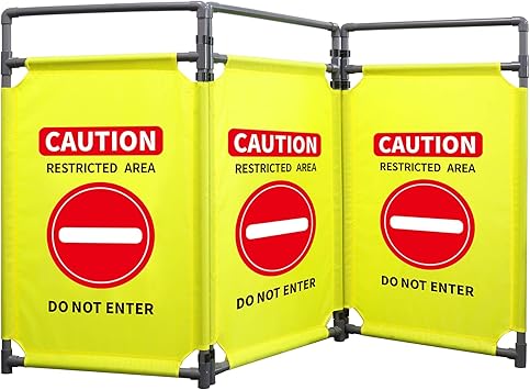 3 Panels Safety Barricade 5.8FT Foldable Security Sign Barrier Gate with Heavy Duty PVC Frame High Visibility Caution Symbol Crowd Control Restricted Area Pedestrian Barricade Yellow-1