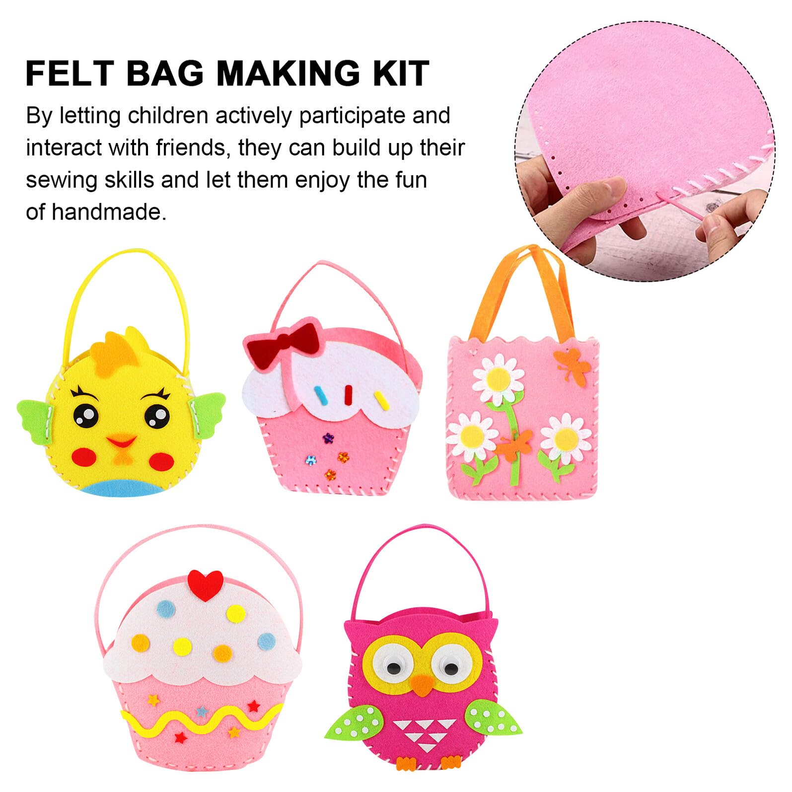 Gatuida Kit de Costura para Niños Bolsos No Tejidos DIY 5 Piezas Tamaño Mediano Colores Variados Seguro para Aprender Manualidades Educativas y Creativas en Casa o Viajes
