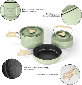Odoland 15pcs Camping Cookware Mess Kit, Lightweight Pot Pan Kettle Set