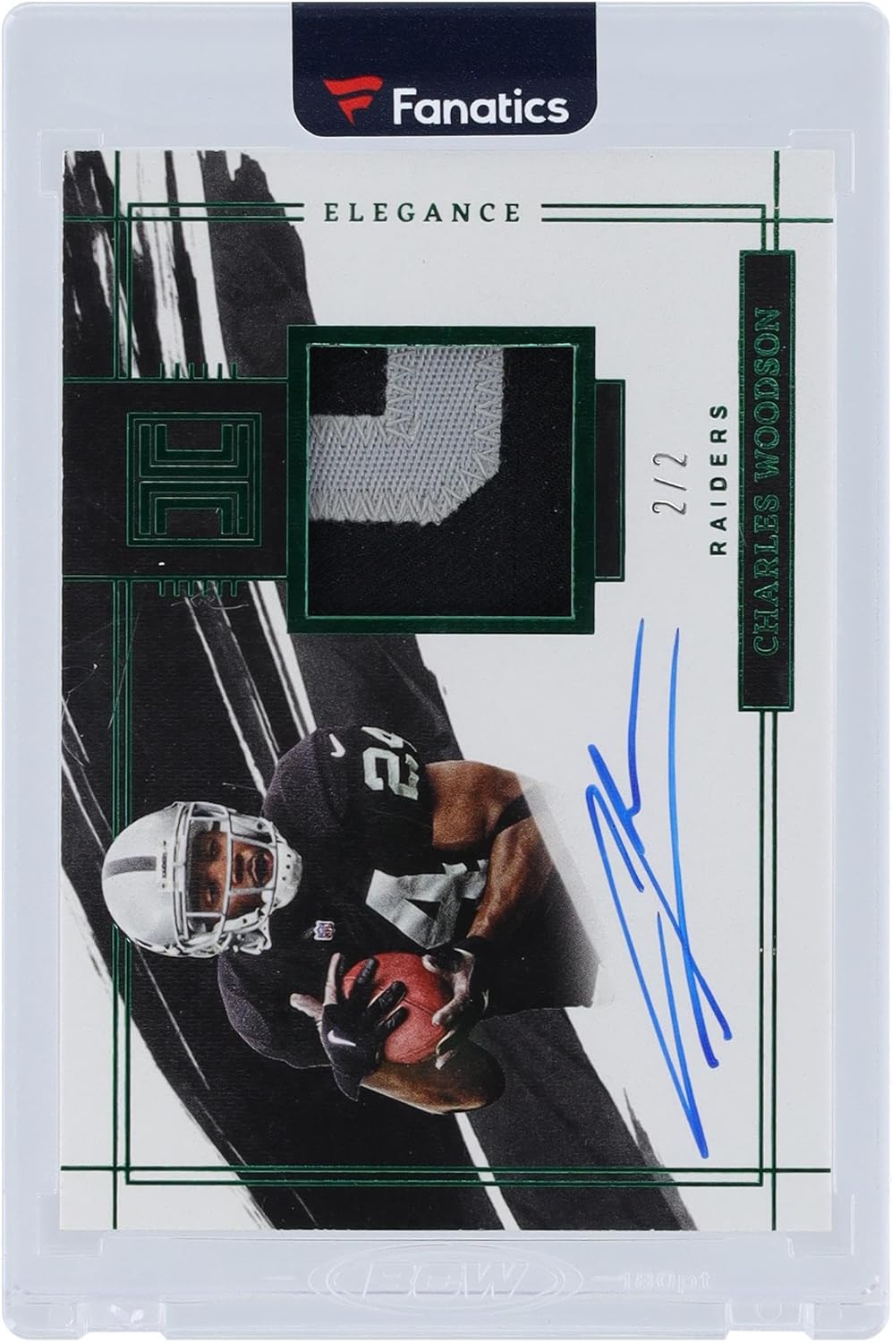 Charles Woodson Oakland Raiders Autographed 2022 Panini Impeccable Emerald 2 Color Relic #ERA-CWO #2/2 Card - NFL Autographed Football Cards