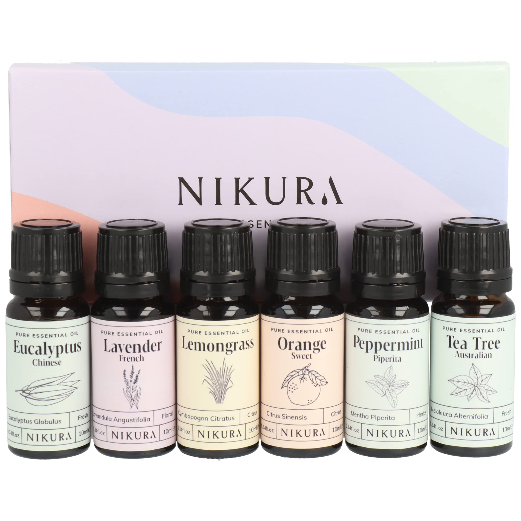 Nikura Starter Kit Essential Oil Gift Set - 6 x 10ml | Essential Oil for Diffuser for Home, Aromatherapy, Strong Fragrance, Sleep | Eucalyptus, Lavender, Lemongrass, Sweet Orange, Peppermint, Tea Tree
