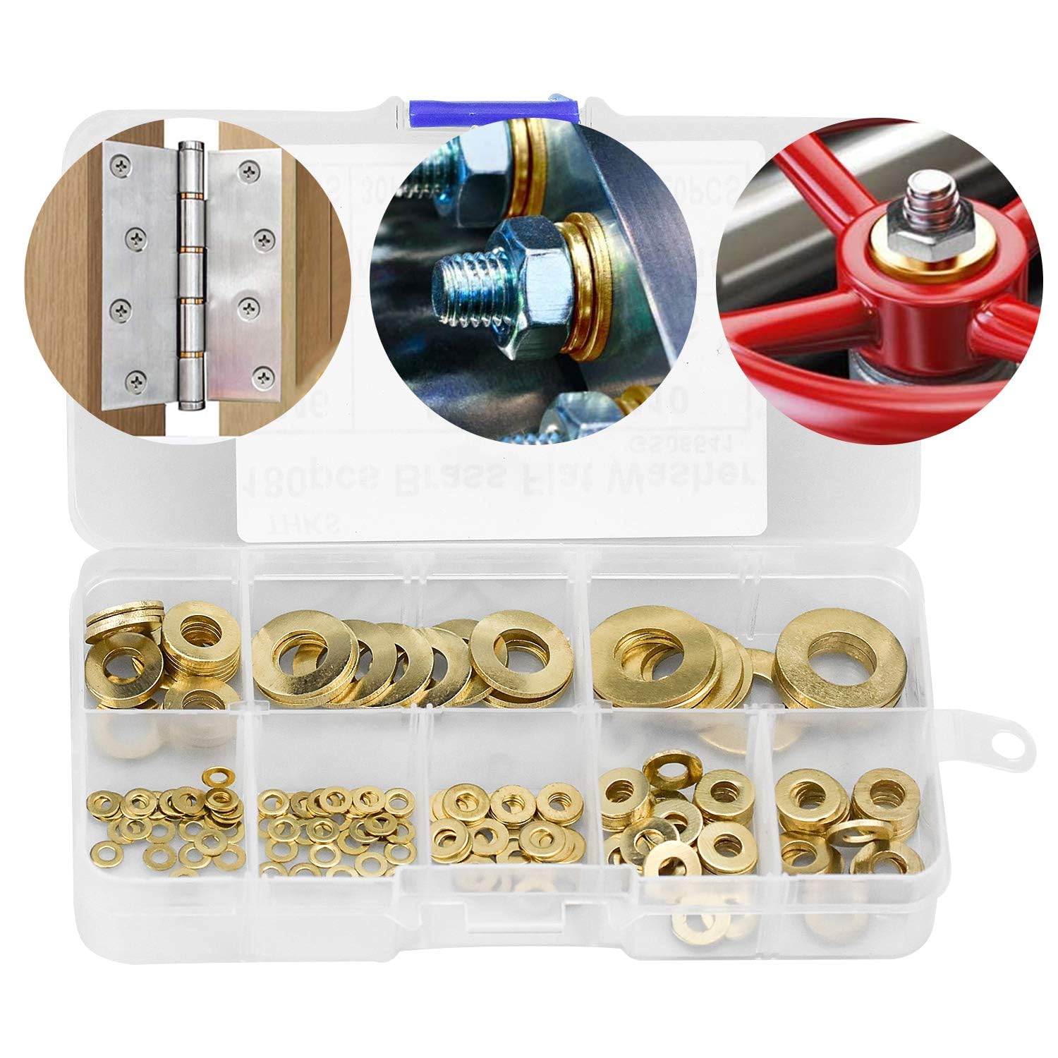 Set di 180 rondelle in ottone, 8 misure, dischi piatti e di sicurezza, assortimento (M2, M2.5, M3, M4, M5, M6, M8, M10), dischi piatti in ottone per viti e dadi