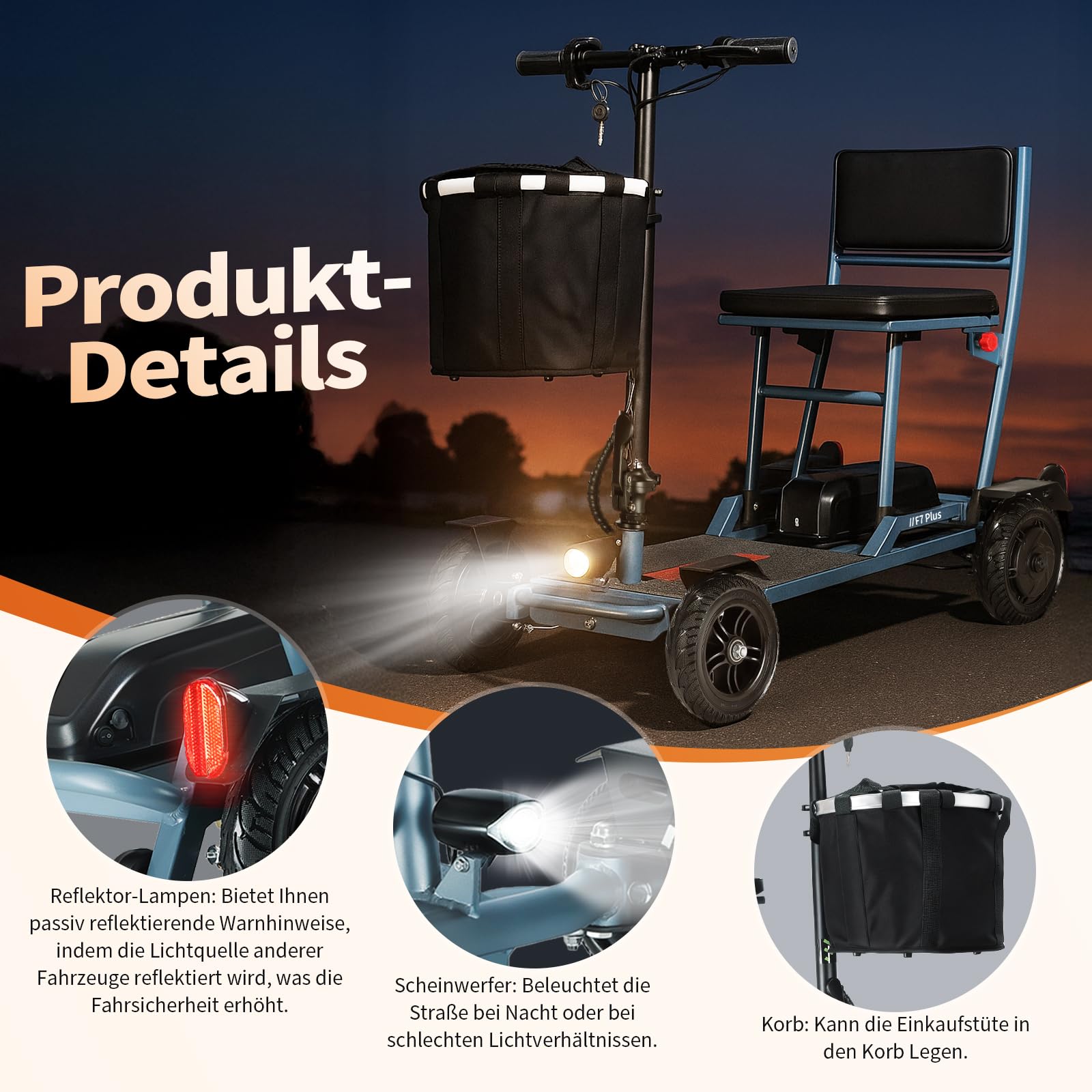 Elektromobil Klappbar für Senioren, 60Km Seniorenmobil leicht, einfach aufzubauen und schnelles Aufladen, Stabiler Mobilitätsroller mit 4 Räder (Blau)