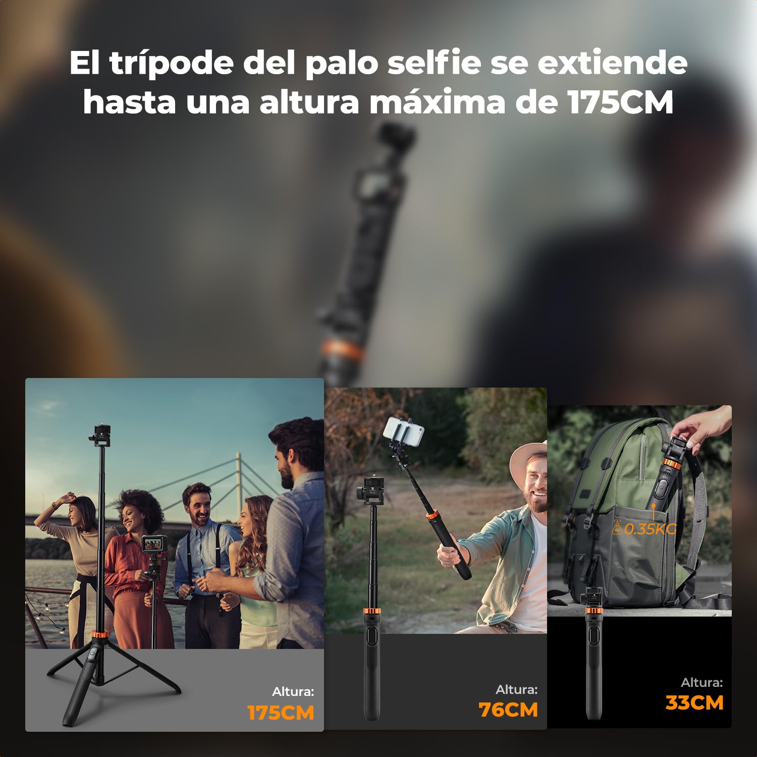 K&F CONCEPT MS24 Trípode Palo Selfie 175 cm Tripode iPhone con Conector de 1/4'' Palo Selfie GoPro, Mando a Distancia Bluetooth Compatible con iPhone/dji OSMO Action 5 Pro/Insta 360 X5/Pocket 4