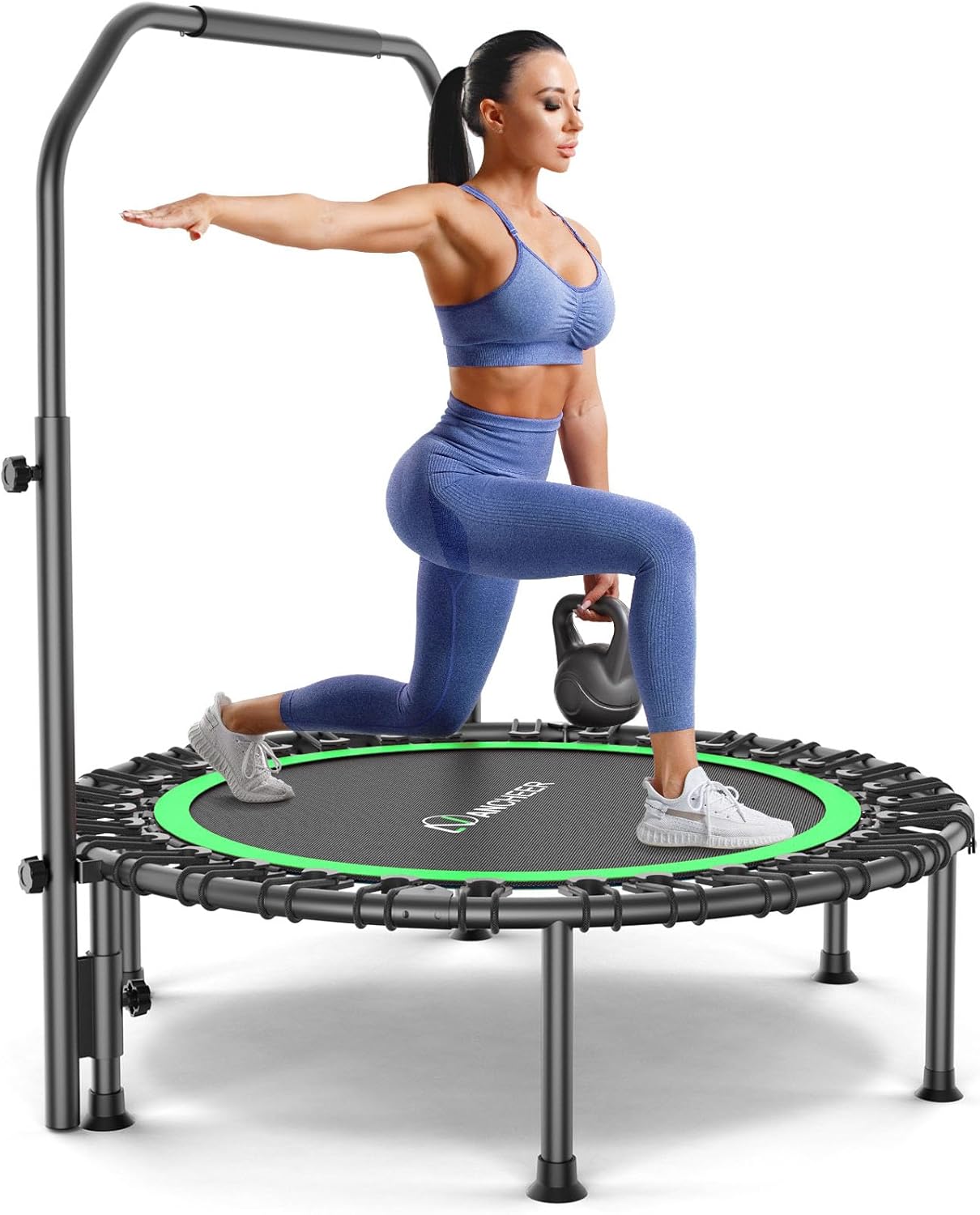 40"/48" Rebounder Trampoline for Adults Kids, ANCHEER Indoor Mini Exercise Trampoline with U Shape Adjustable Handlebar, High-Strength Bungee Cords, Stable & Sturdy Workout Equipment 40IN Green